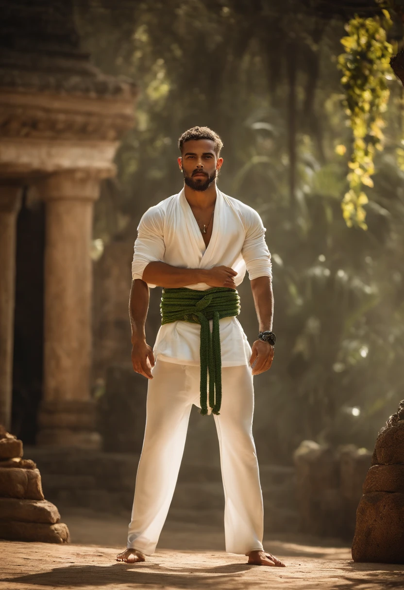 personagem de um menino branco, Capoeira in white pants and green rope around the waist, cabelo baixo cortado e crespo, sem tatuagem ou barba no estilo pixel
