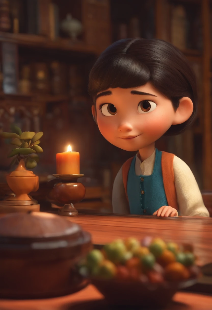 Criar um personagem no estilo pixar dentro de um jaleco. personagem japonesa, bonita,  50 anos, cabelos longos, escuros e levemente ondulados, rosto quadrado