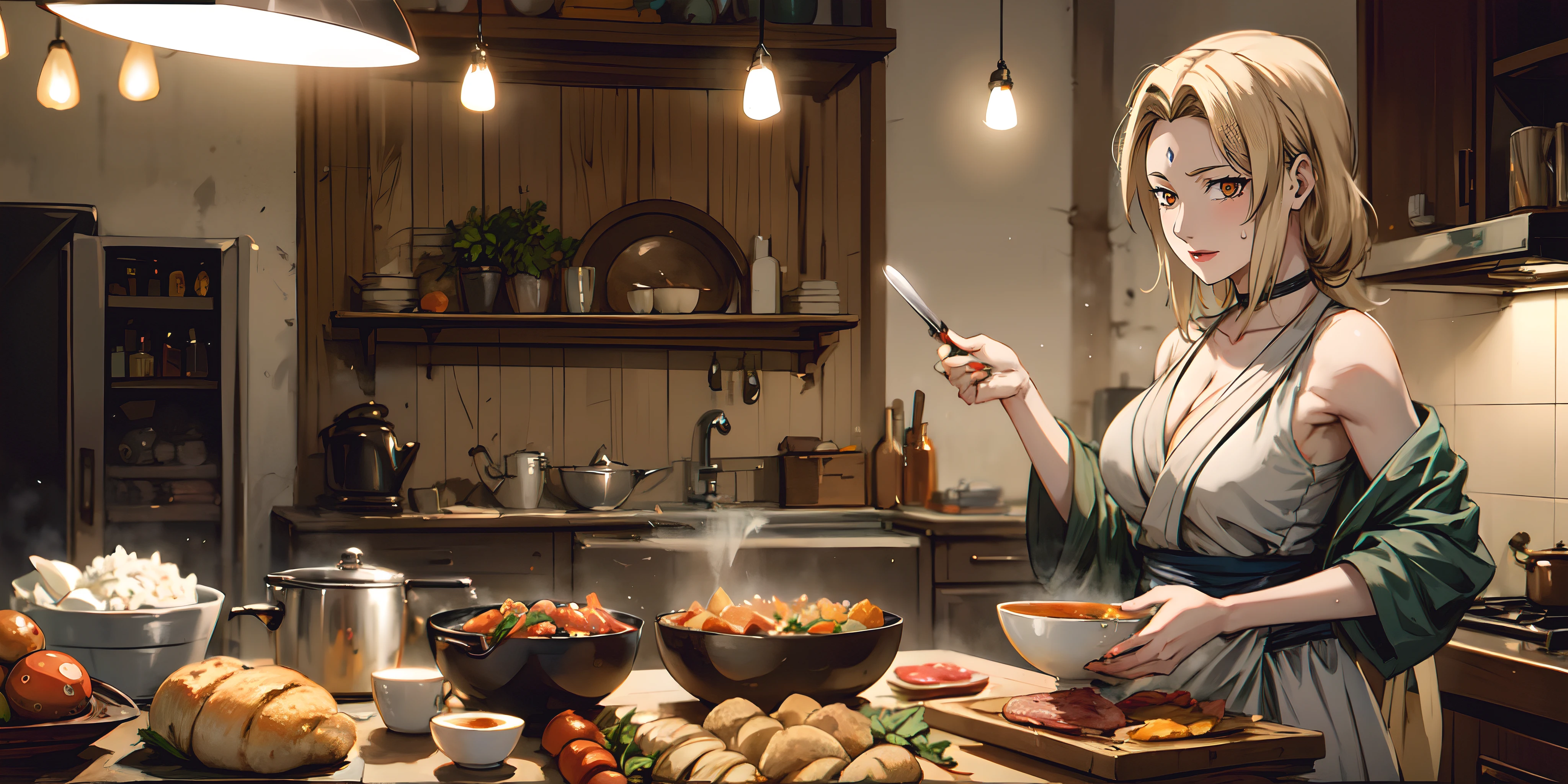 food, kitchen, meat, cooking, apron, knife, chopsticks, bowl, cutting_board, carrot, egg, plate, 1girl, holding_knife, frying_pan, stove, choker, soup, indoors, holding, bare_shoulders, ladle, spatula, omurice, black_hair, bread, bottle, brown_hair, ketchup, spoon, curry, tomato, sausage, vegetable, rice, short_hair, eating, collarbone, pot, pizza, breasts, brown_eyes, holding_chopsticks, "glow effects, godrays, Hand drawn, render, 8k, octane render, cinema 4d, blender, dark, atmospheric 4k ultra detailed, cinematic, Sharp focus, big depth of field, Masterpiece, colors, 3d octane render, 4k, concept art, trending on artstation, hyperrealistic, Vivid colors, extremely detailed CG unity 8k wallpaper, trending on CGSociety, Intricate, High Detail, dramatic", anime coloring, anime screencap, sweating, steaming body, fog, looking at viewer
