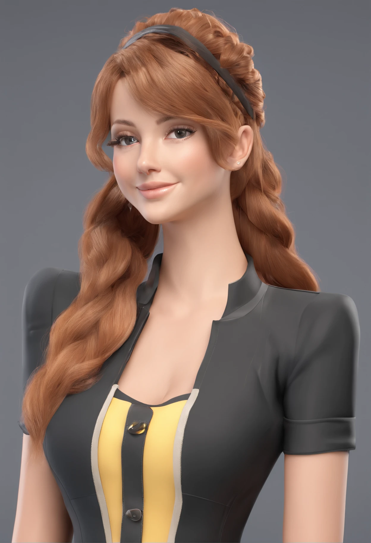 master part,, sozinho, fundo simples, Olhando para o Viewer, Sorriso leve, colar de metal, Kakuran, bandagem, black pants, Encrenqueiro, ianque, Accessories, Cor de cabelo de dois tons com castanho claro, unique hairstyle, fashionable, french braid, fundo simples, fundo preto, corpo inteiro, odd eye