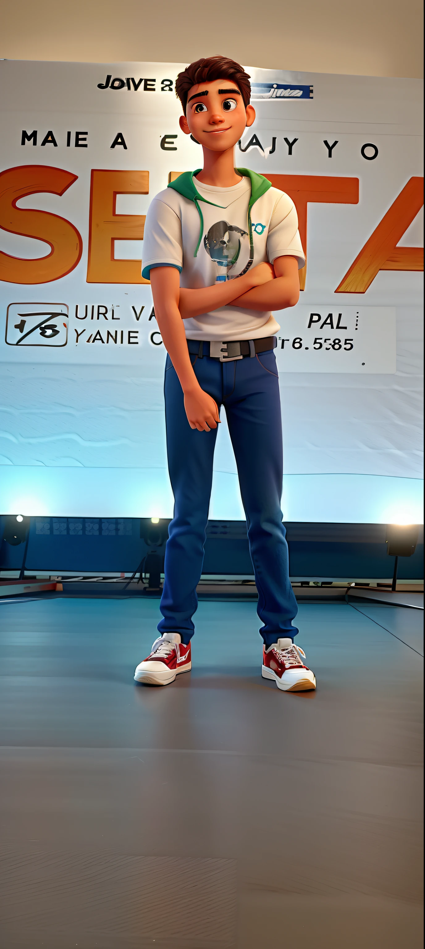 Um jovem de 18 anos, folded arms, cabelos crcrespos, smile shy, em um palco,