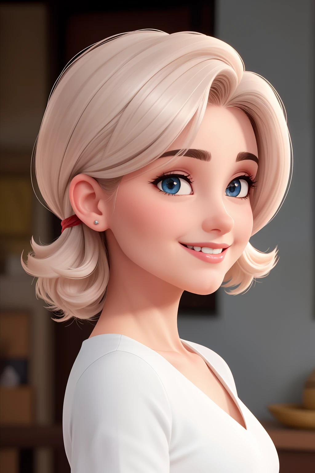 Uma mulher de 30 anos, com cabelos castanhos curtos, Rosto redondo, rosto redondo com sorriso encantador, e olhos castanhos