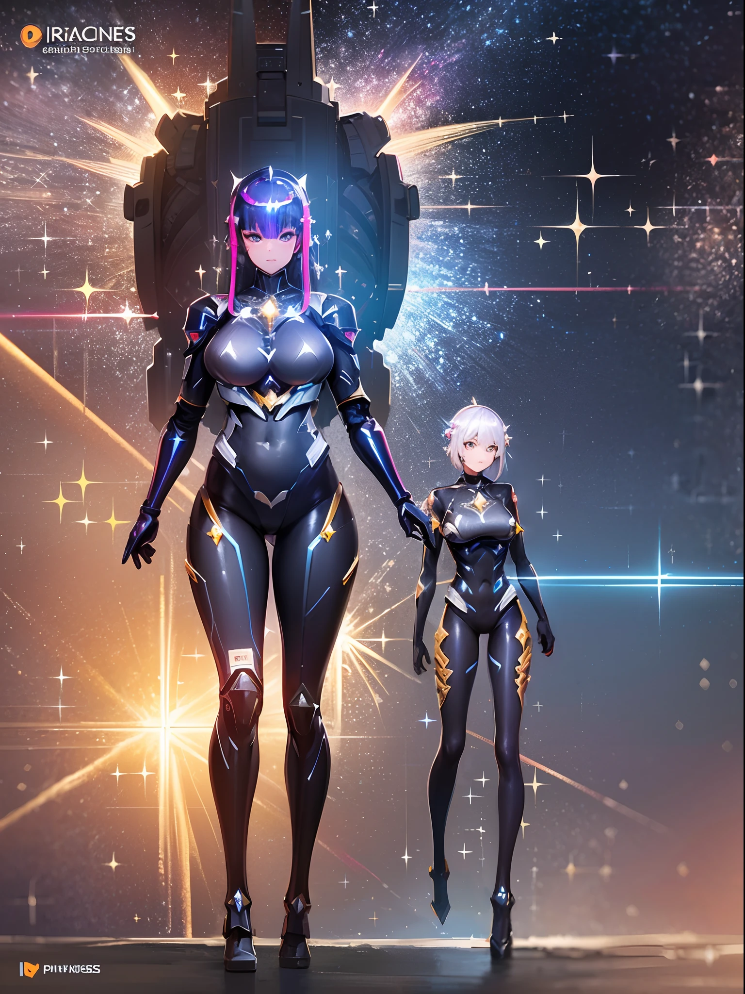 Anime woman in metal suit standing next to a giant robot, artwork in the style of guweiz, Cyberpunk anime woman mecha, woman is plump upper body,woman is huge upper body,slim under body,Trending on CGSTATION, guweiz, By Russell Dongjun Lu, Digital Cyberpunk Anime Art, ross tran 8 k, guweiz on artstation pixiv,huge upper body, Girl in Mecha Cyber Armor,shining,kirakira✨✨、✨✨✨,(sparkles:1.9), (Iridescent:1.6), standing, (full body:1.2),