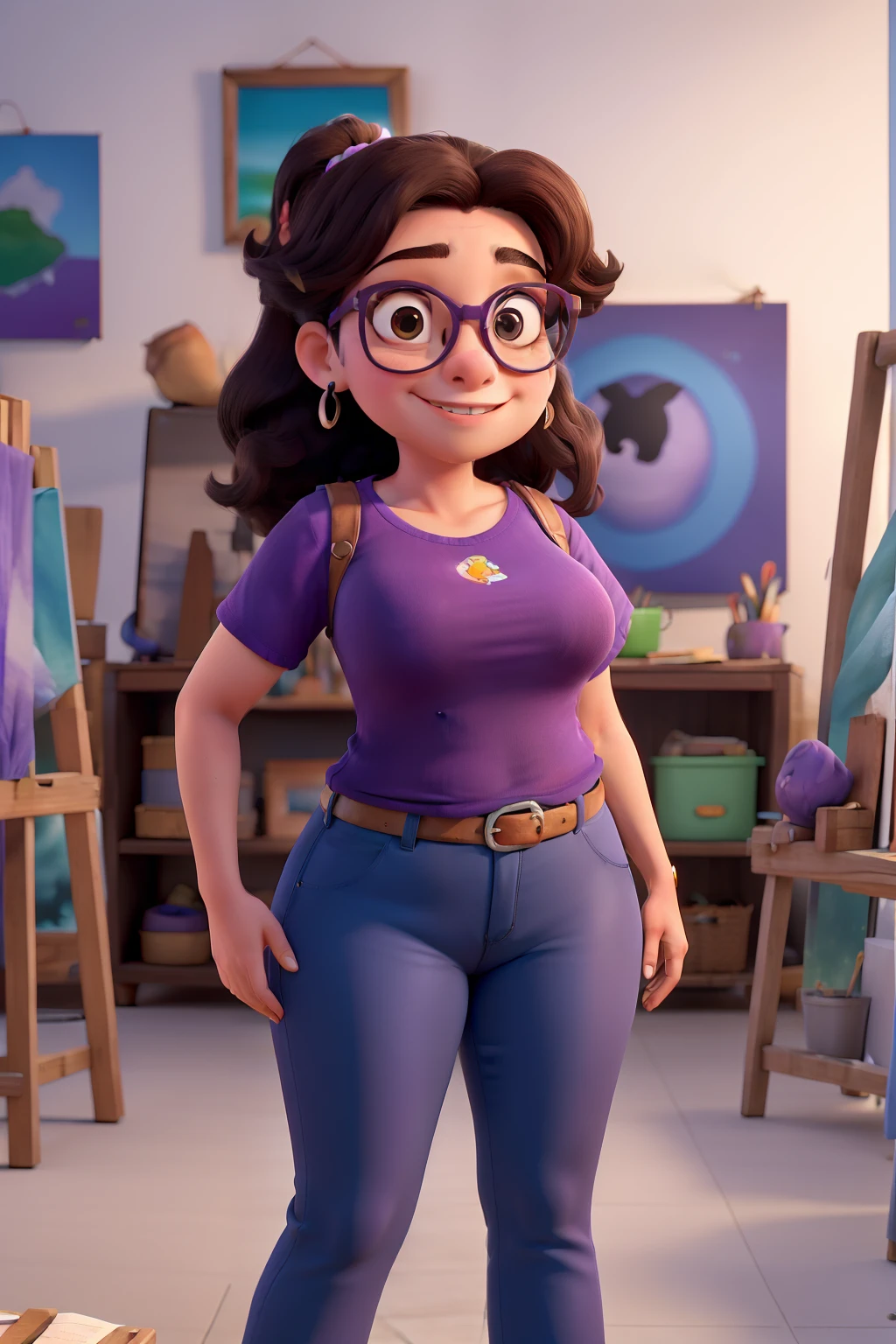 Obra-prima, de melhor qualidade, uma mulher,gorda, negra, Bespectacled and wearing blue pants and purple t-shirt, Standing in an art studio.