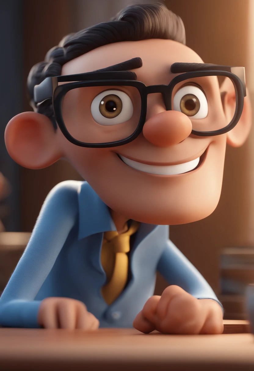 Cartoon character of a man with black glasses and a blue shirt, animation character, Caractere estilizado, animation style rendering, 3D estilizado, Arnold Maya render, 3 d render stylized, toon render keyshot, Personagem 3D, Personagem 3D, 3d rendering stylized, 3 d character render, personagem de desenho animado, Personagem de close up, Pose de personagem, (Estilo Pixar) (master part:1.2) (Bokeh) (best quality) (pele detalhada) (textura detalhada) (8k) (argila) (Cinematic lighting) (foco nítido