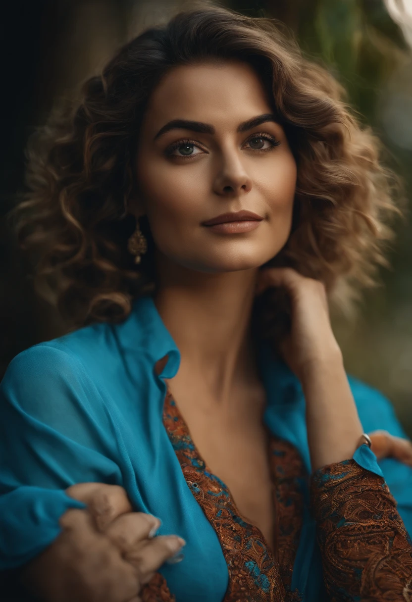 Mulher sorrido, de blusa azul, with arms crossed, cabelos castanhos, olhos castanhos, numa clinica de fisioterapia