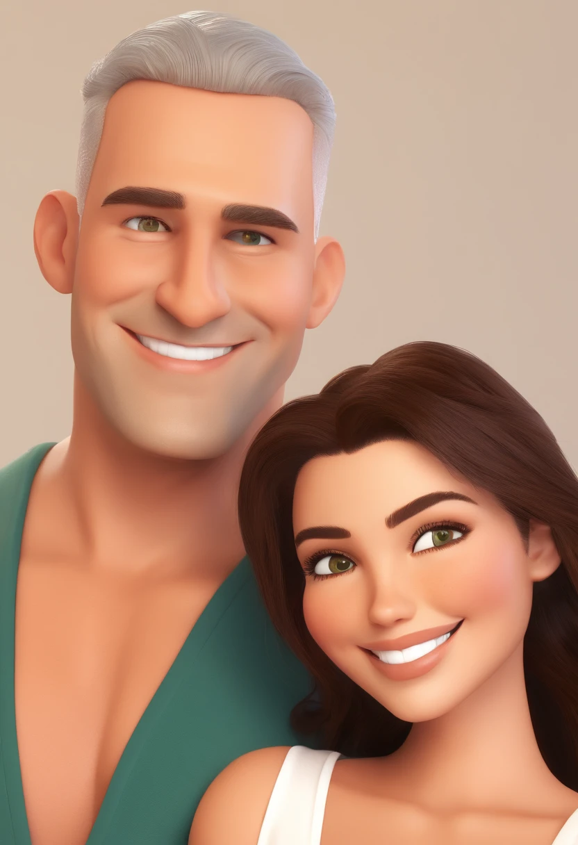 An illustration of an adorable couple, Spotlight on an athletic bald white man with green eyes and a white woman with beautiful expressive eyes - the man's skin is white and he is bald, the woman's hair is straight and brown. They are a bright room, cada um com um sorriso no rosto, e compartilhar um momento especial caracterizado pelo amor, Insights. Illustrate this scene from a perspective where they are facing the camera, Smiling and Showing Your Connection. Desenvolva esta arte em Full HD, Focus on your cinematic touch, Estilo Disney Pixar Animations