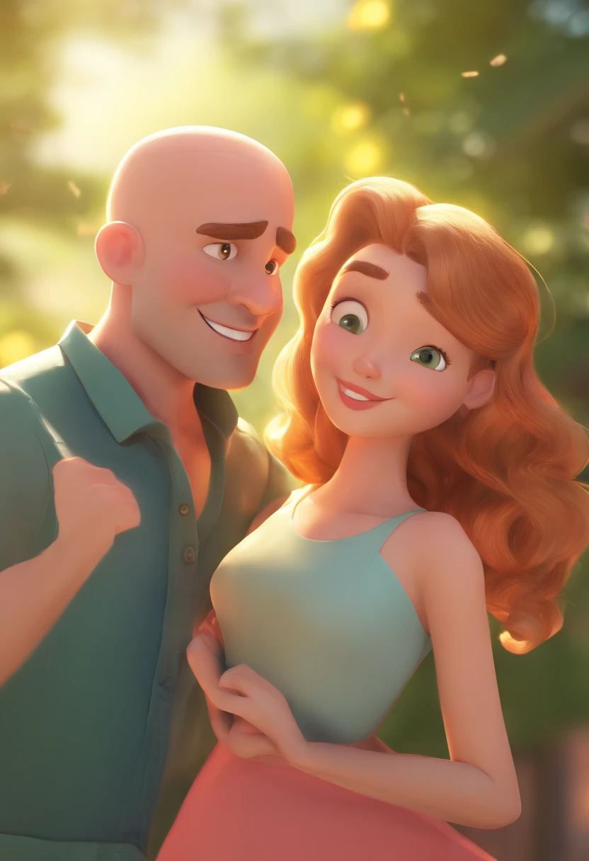 An illustration of an adorable couple, Spotlight on an athletic bald white man with green eyes and a white woman with beautiful expressive eyes - the man's skin is white and he is bald, the woman's hair is straight and brown. They are a bright room, cada um com um sorriso no rosto, e compartilhar um momento especial caracterizado pelo amor, Insights. Illustrate this scene from a perspective where they are facing the camera, Smiling and Showing Your Connection. Desenvolva esta arte em Full HD, Focus on your cinematic touch, Estilo Disney Pixar Animations