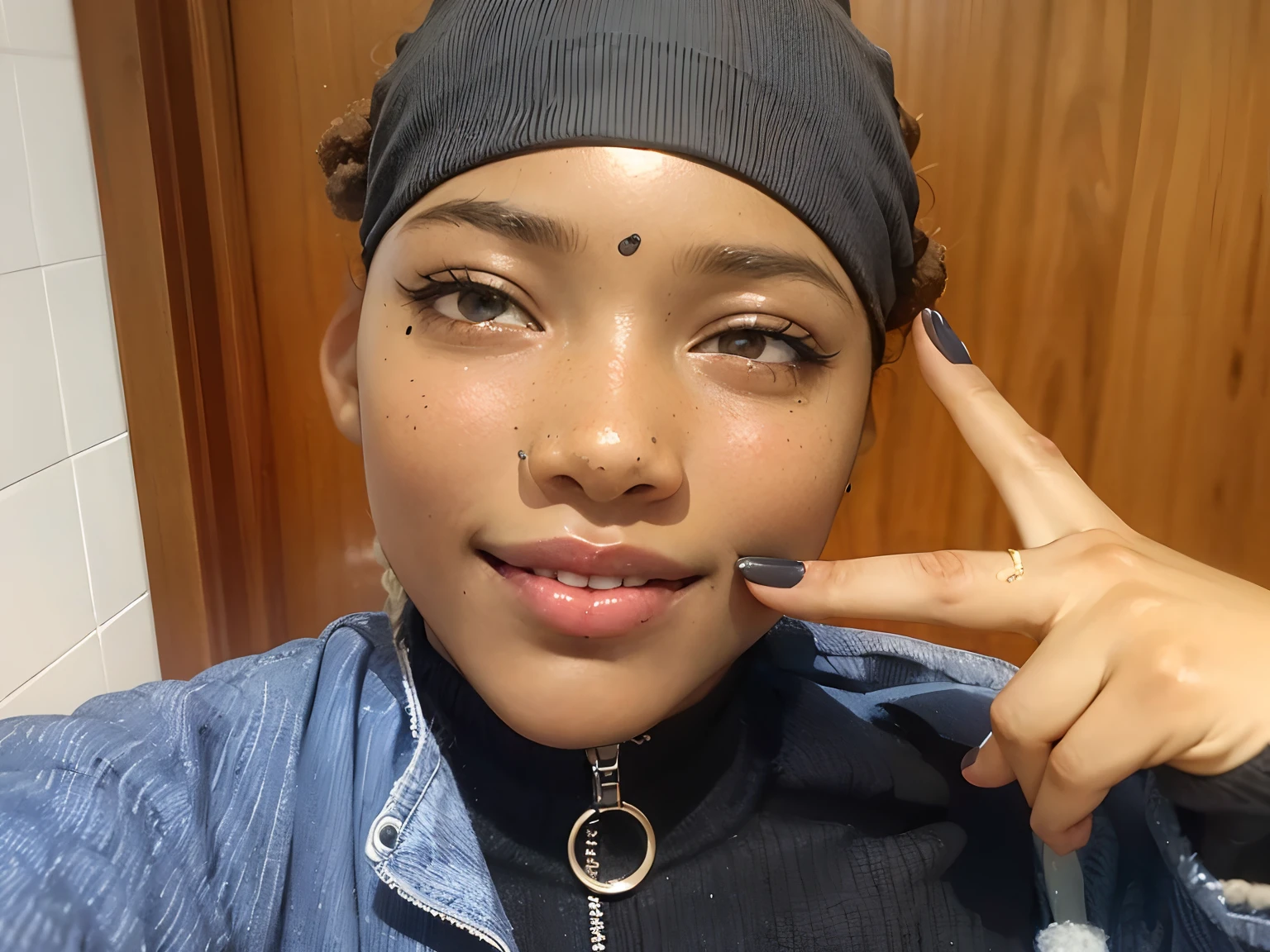 menina negra, with brown almond eyes, With curly hair 4C with two pompoms and two braids the drain to fall like bangs, com um moletom preto, com um shorts preto e com meias altas ate ao joelho e com botas estilo militar, estilo desenho.