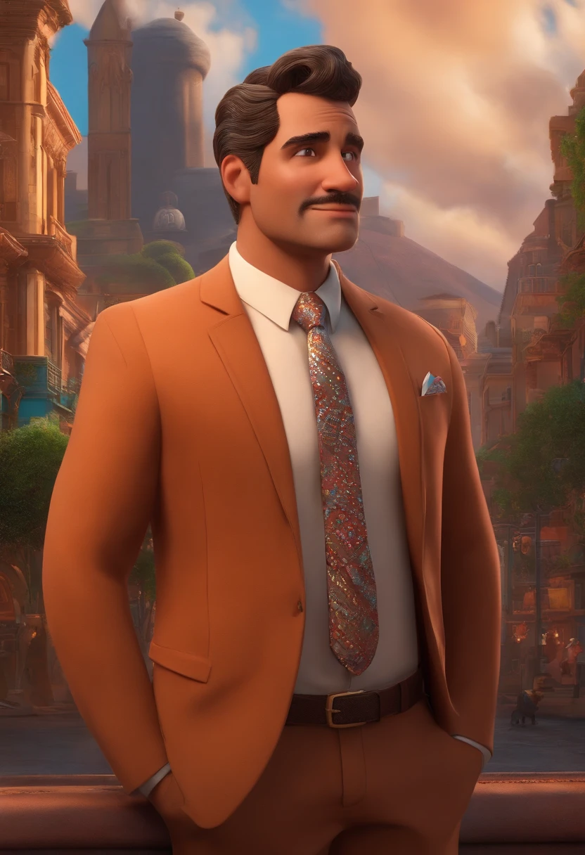 A city councilman looking at a dream project inspired by Pixar animation, de perto. The character takes center stage with captivating facial expressions, oferecendo um toque de irrealidade