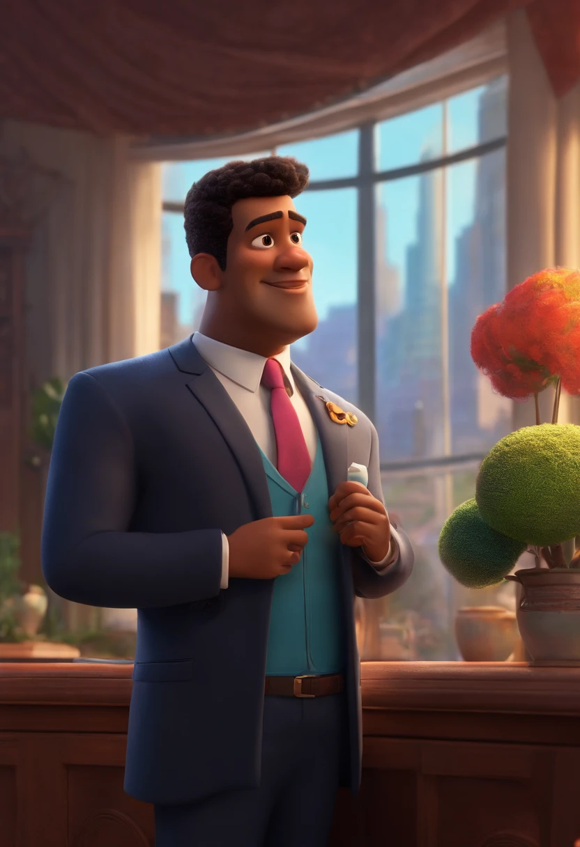 A city councilman looking at a dream project inspired by Pixar animation, de perto. The character takes center stage with captivating facial expressions, oferecendo um toque de irrealidade