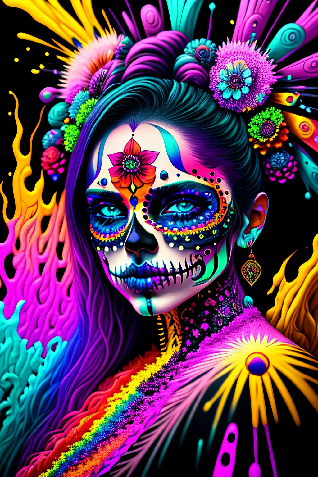 in a psychedelic style a representation of the Day of the Dead on a multiple female, upper body shot, large breasts, long , magnificent and detailed. Lots of texture and an whirlwind explosion of multiple colored flashy powder in the background, 8k