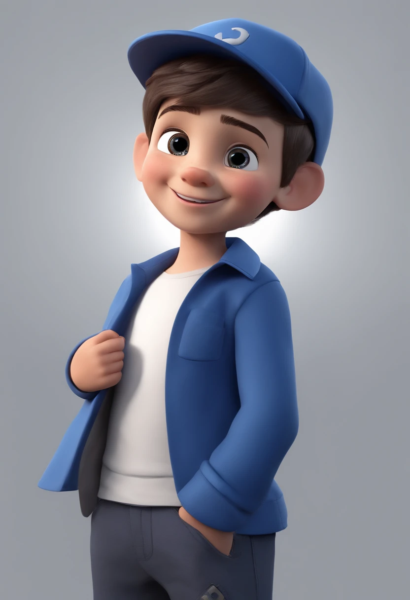 A happy cute boy standing short hair with dark blue cap , vestindo uma camisa azul , , fundo branco, barnet, Tom, Estilo Pixar, ......3d, desenhos animados, rosto detalhado, asymmetrical 16k