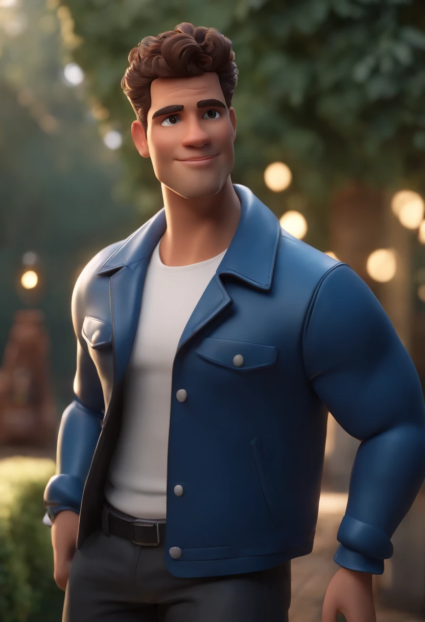 Cartoon character of a light-skinned man, short and curly hair, wearing a blue jacket, white shirt, black pant, white sneakers, paisagem arborizada, com carros, um personagem animado, Caractere estilizado, animation style rendering, 3D estilizado, Arnold Maya render, 3 d render stylized, toon render keyshot, Personagem 3D, Personagem 3D, 3d rendering stylized, 3 d character render, personagem de desenho animado, Personagem de close up, Pose de personagem, (Estilo Pixar) (master part:1.2) (Bokeh) (melhor qualidade) (pele detalhada) (textura detalhada) (8k) (argila) (Cinematic lighting) (foco nítido,Senta e vaza a parte superior do corpo