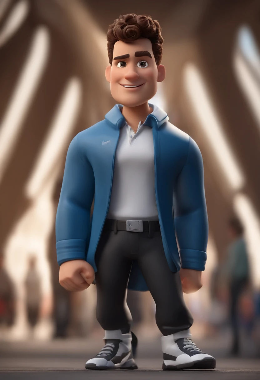 Cartoon character of a light-skinned man, short and curly hair, wearing a blue jacket, white shirt, black pant, white sneakers, paisagem arborizada, com carros, um personagem animado, Caractere estilizado, animation style rendering, 3D estilizado, Arnold Maya render, 3 d render stylized, toon render keyshot, Personagem 3D, Personagem 3D, 3d rendering stylized, 3 d character render, personagem de desenho animado, Personagem de close up, Pose de personagem, (Estilo Pixar) (master part:1.2) (Bokeh) (melhor qualidade) (pele detalhada) (textura detalhada) (8k) (argila) (Cinematic lighting) (foco nítido,Senta e vaza a parte superior do corpo