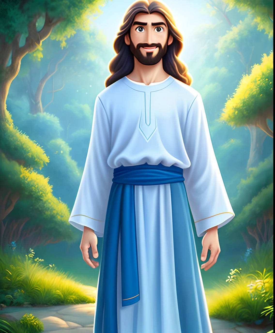 Original art quality, full body picture, Disney character animation style, young and handsome Jesus God, standing posture, hands naturally placed on both sides, looking ahead, gentle expression and smiling, eyes full of light, background light blue, translucent, with light as the theme, the focus of light is on the characters, the overall picture is fresh and bright.