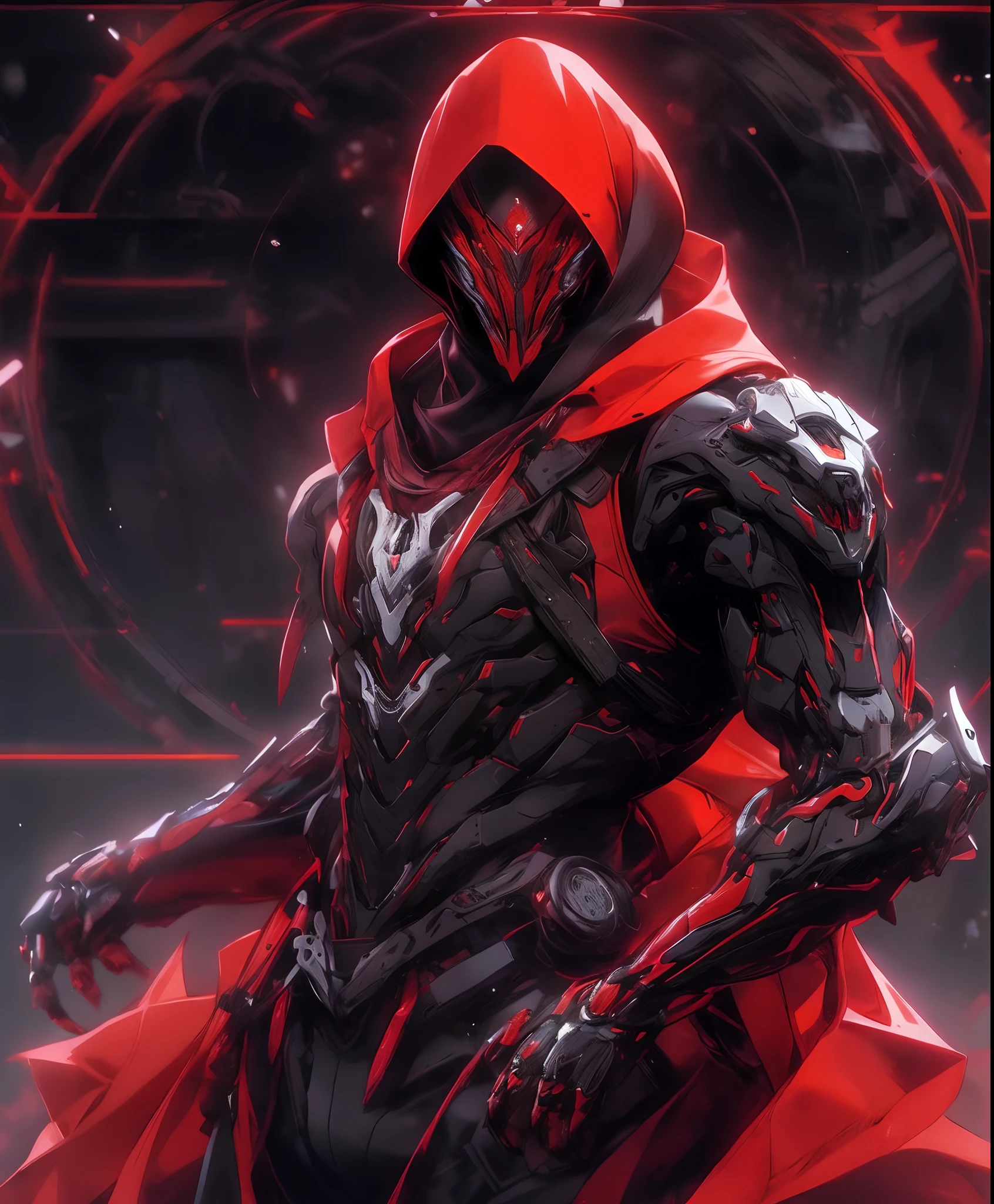 a man in a red jacket and black pants standing in a dark room, wearing cultist red robe, crimson attire, character from mortal kombat, as a character in tekken, fighting game character, cyberpunk assassin, red hooded mage, cyberpunk outfits, crimson clothes, the red ninja, wearing leather assassin armor, an edgy teen assassin, cool red jacket, cyberpunk street goon