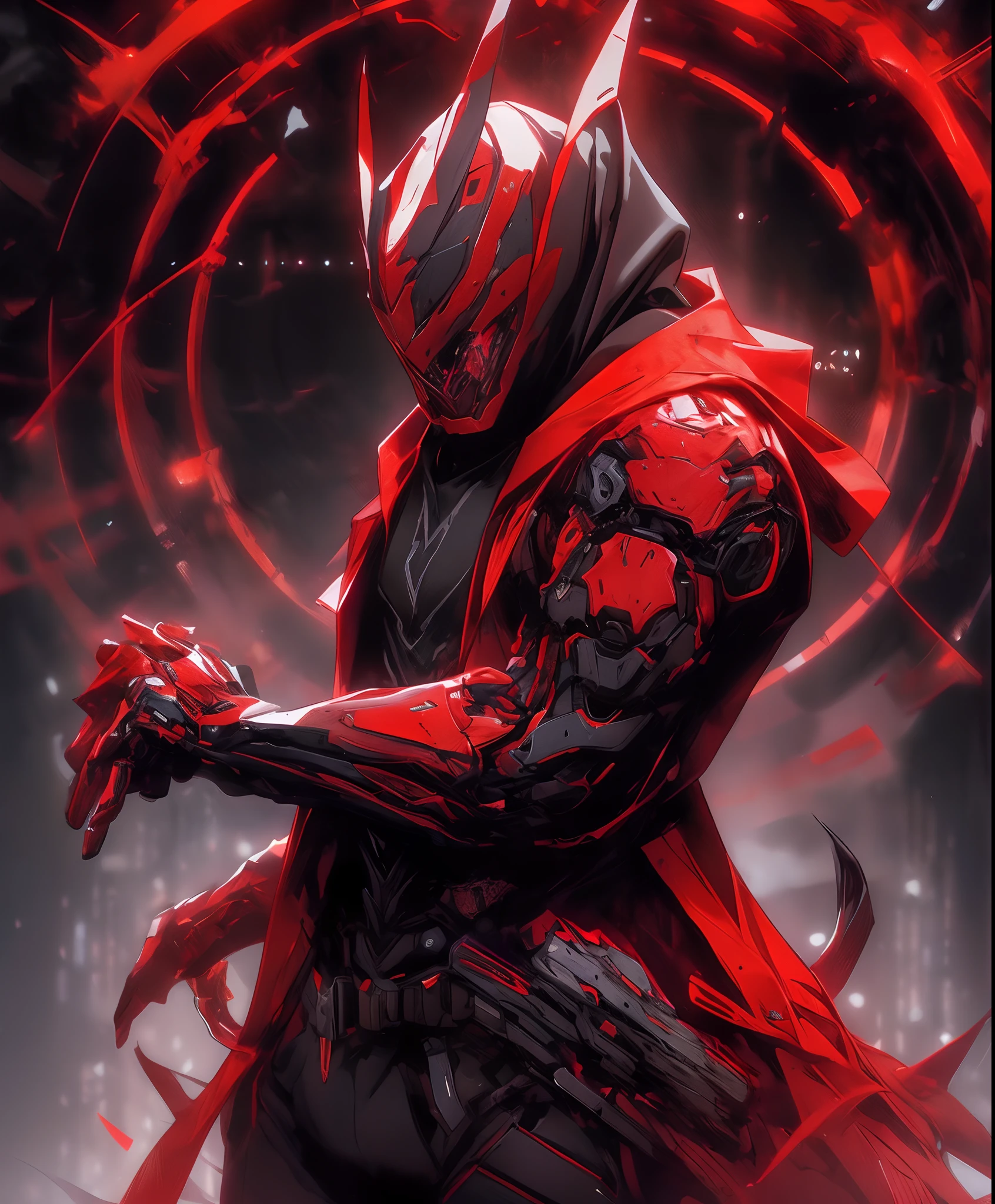 a man in a red jacket and black pants standing in a dark room, wearing cultist red robe, crimson attire, character from mortal kombat, as a character in tekken, fighting game character, cyberpunk assassin, red hooded mage, cyberpunk outfits, crimson clothes, the red ninja, wearing leather assassin armor, an edgy teen assassin, cool red jacket, cyberpunk street goon