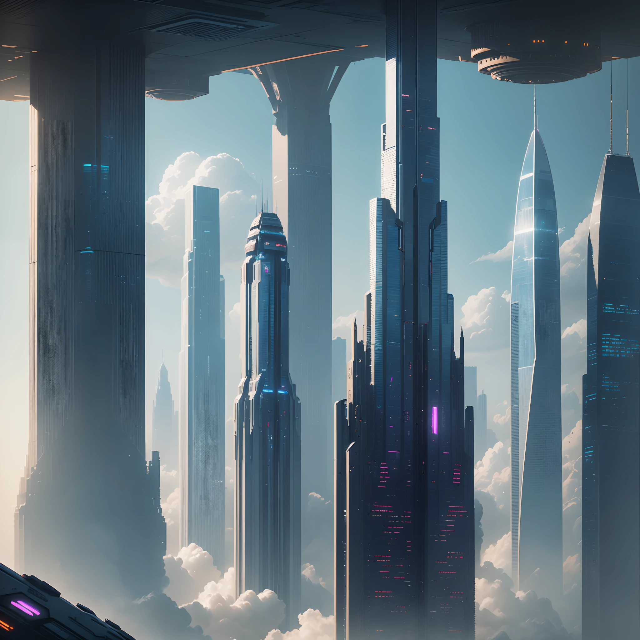 (Best Quality, 8K, Ultra-detailed:1.2), Futuristic cityscape of towering skyscrapers, Cyberpunk, Sci-Fi Art, planet earth, A futuristic world, masutepiece, Glass skyscraper, Skyscrapers tall through the clouds，Imaginative, 10 times taller buildings, Vivid colors, Dramatic Lighting，Fantasia，A space station，