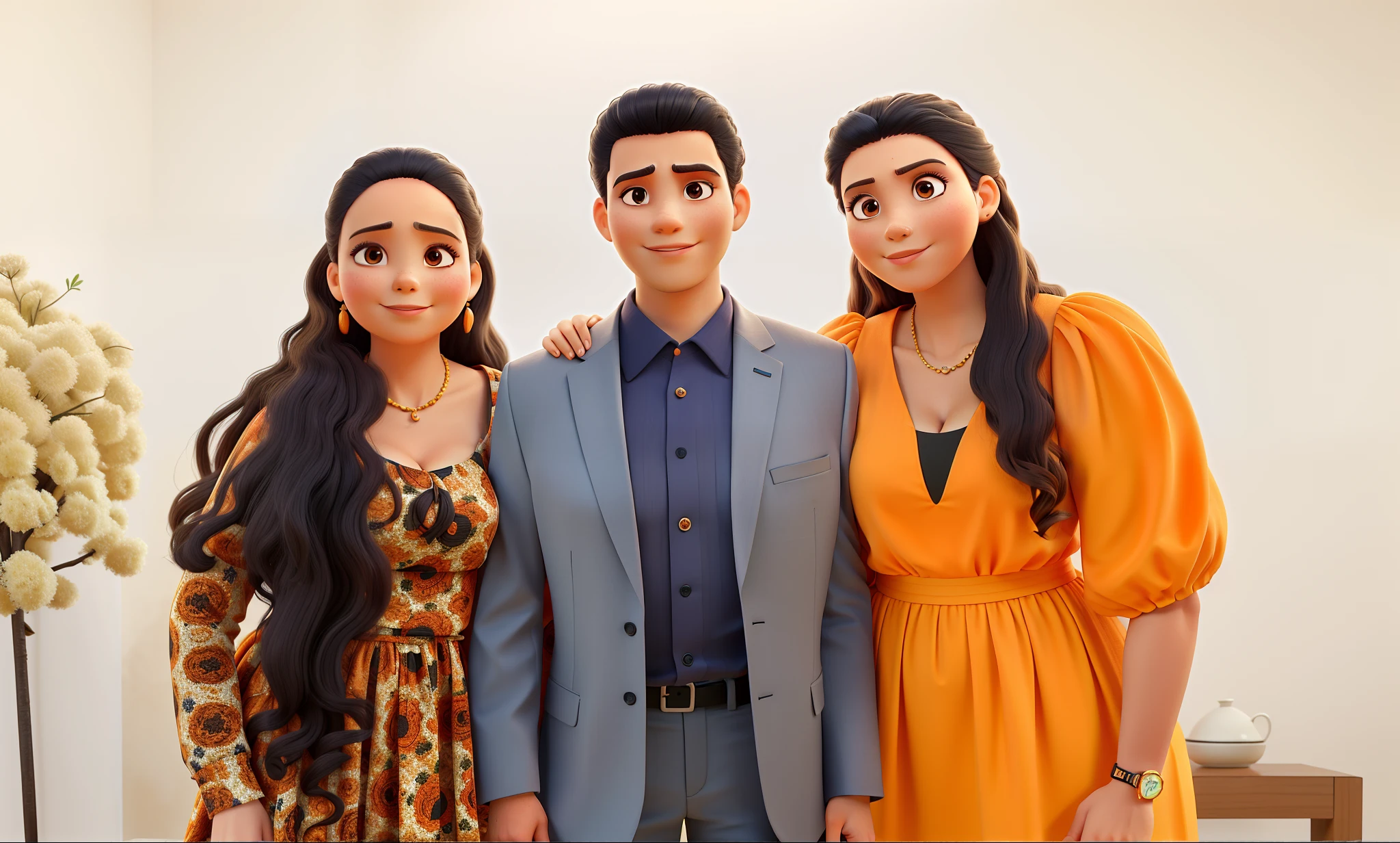 Family Daughter Big Hair, pai de terno cinza gravata preta, Mother of the Orange Dress Watch