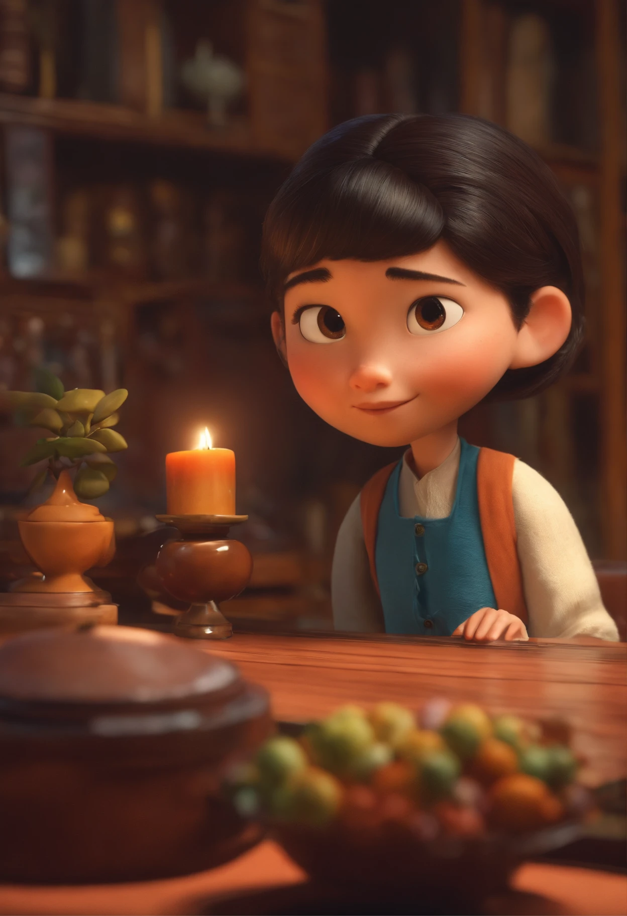 Criar um personagem no estilo pixar dentro de um jaleco. personagem japonesa, bonita, 50 anos, cabelos longos, escuros e levemente ondulados, rosto quadrado