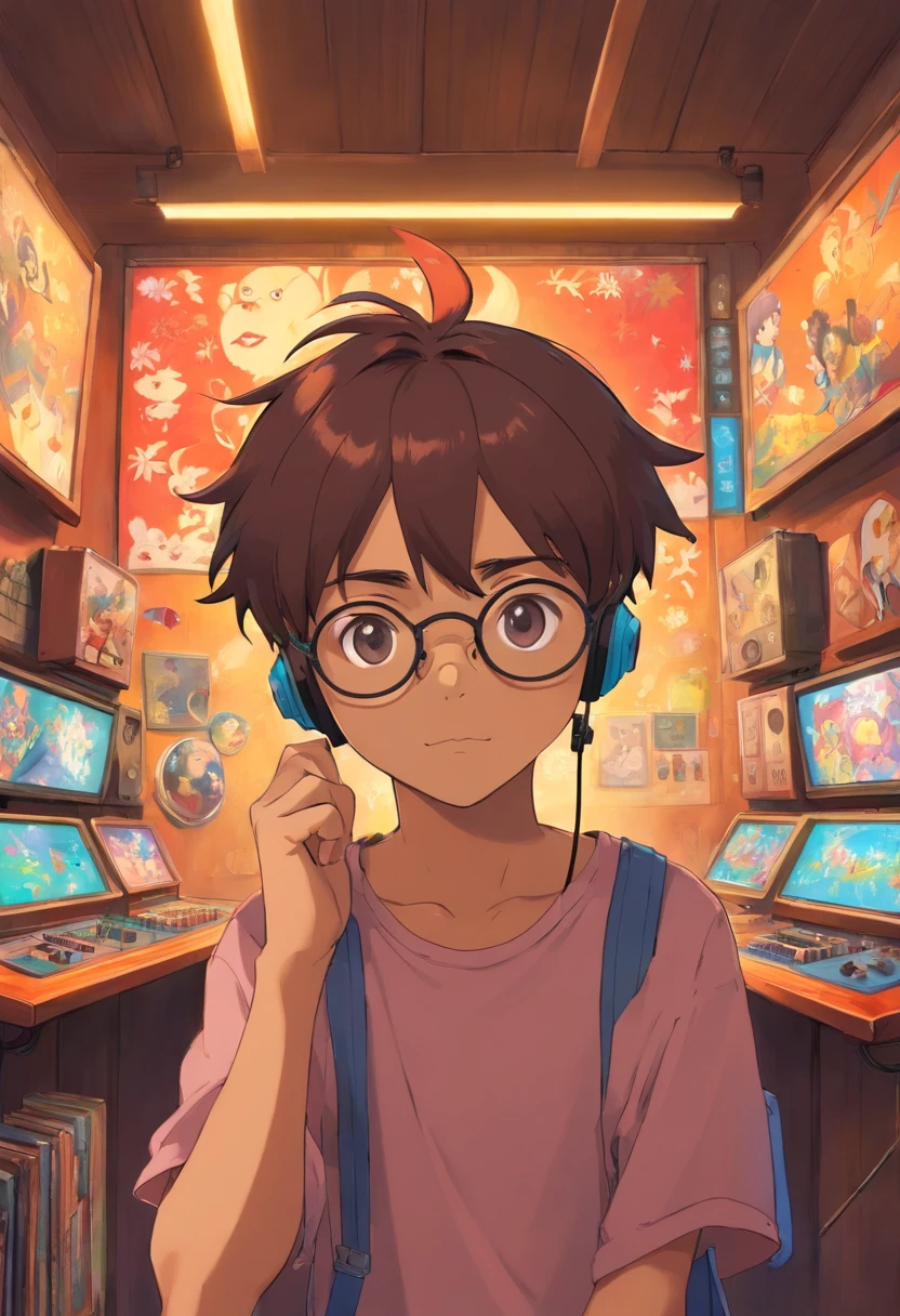 One wears anime headphones,Boy with round glasses, dark-skin, The style of the games room, Animated color photos, Masami Teraoka, gamer, paul gauguin, Amber style, Honest portrait