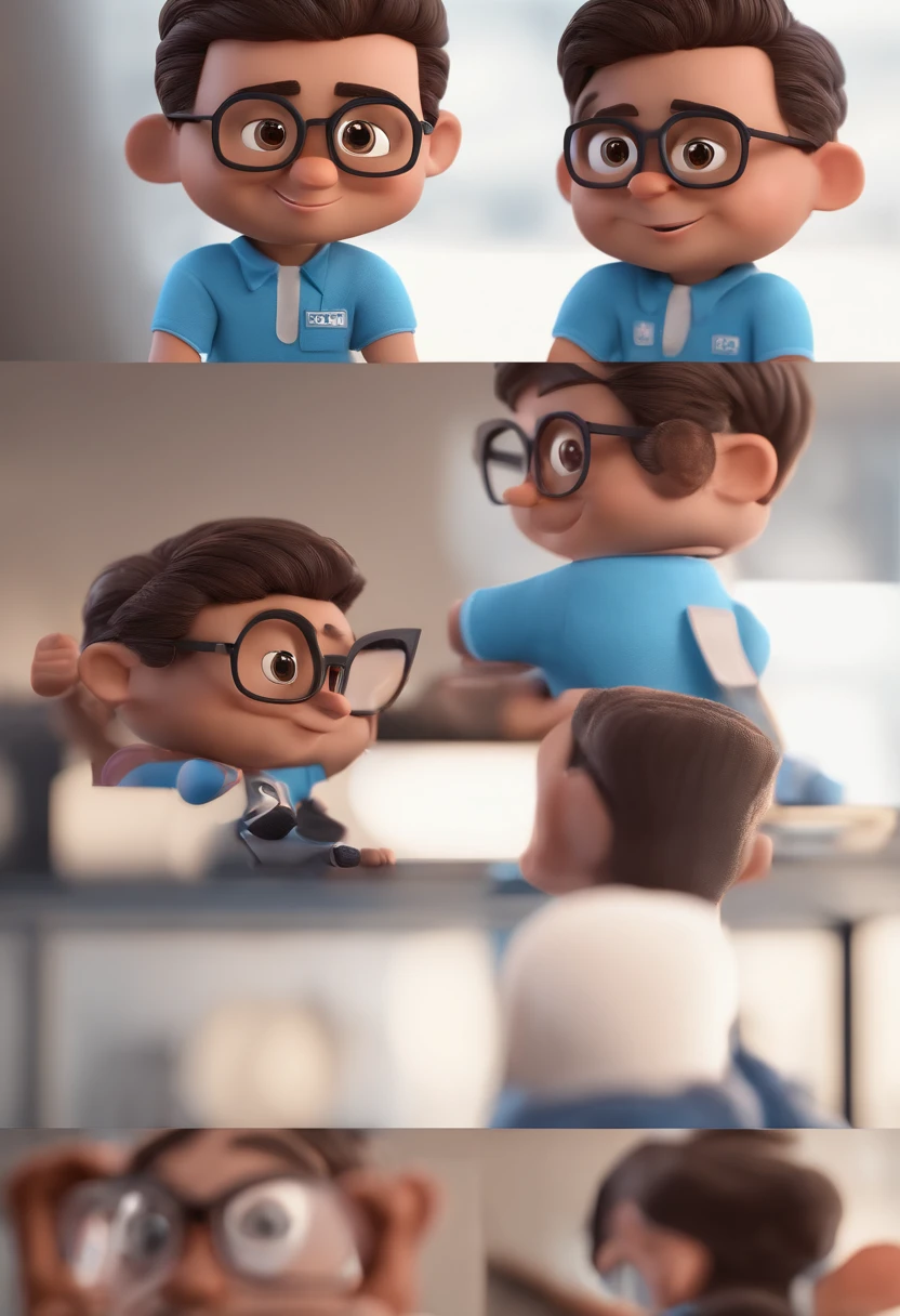 Cartoon character of a man with black glasses and a blue shirt, animation character, Caractere estilizado, animation style rendering, 3D estilizado, Arnold Maya render, 3 d render stylized, toon render keyshot, Personagem 3D, Personagem 3D, 3d rendering stylized, 3 d character render, personagem de desenho animado, Personagem de close up, Pose de personagem,  (Estilo Pixar) (master part:1.2) (Bokeh) (best quality) (pele detalhada) (textura detalhada) (8k) (argila) (Cinematic lighting) (foco nítido