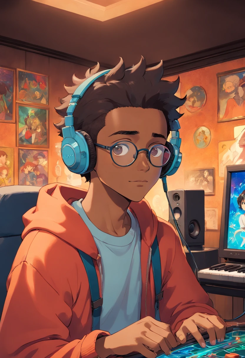 A man wears anime headphones,Boy with round glasses, dark-skin, The style of the games room, Animated color photos, Masami Teraoka, gamer, Paul Gauguin, Amber style, Honest portrait