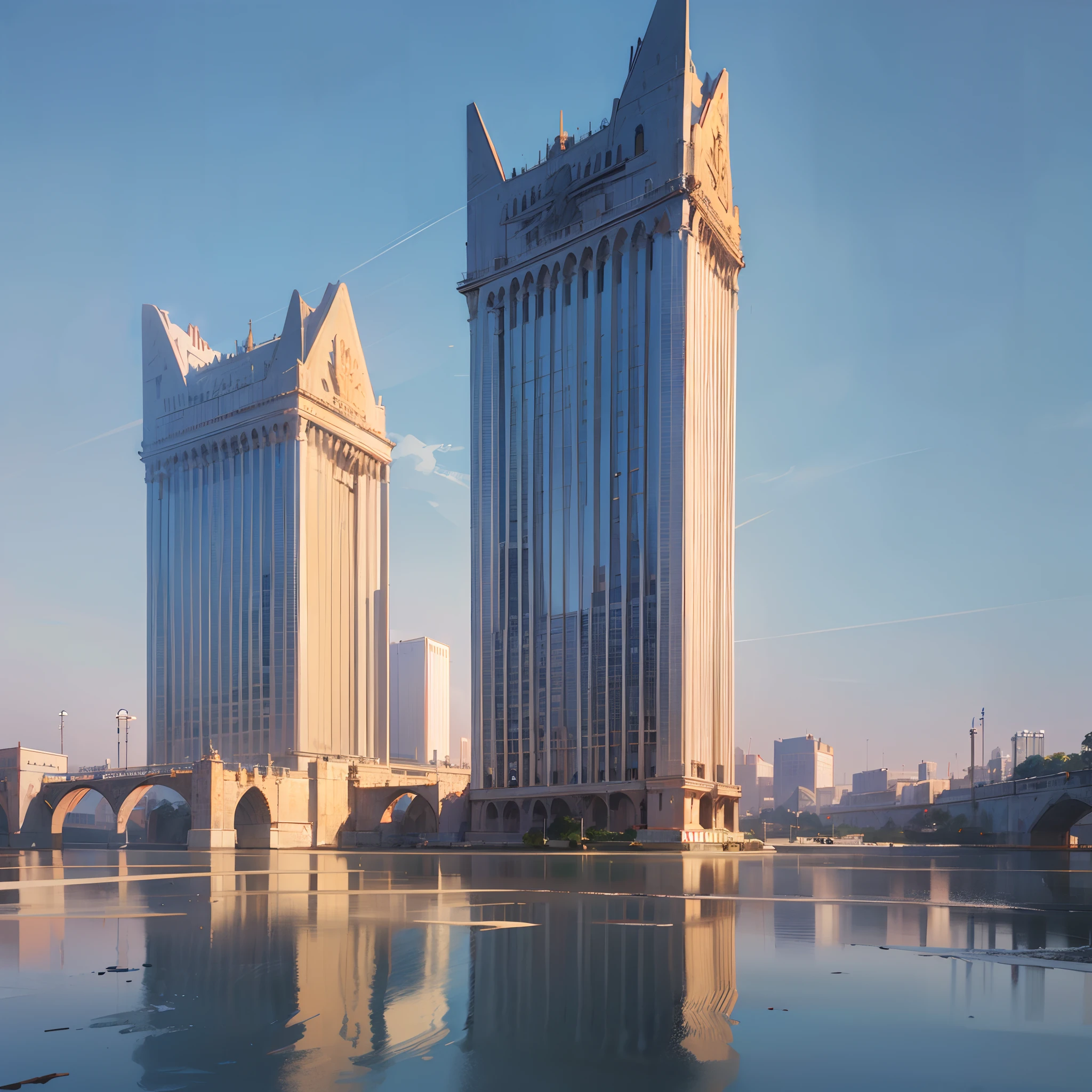 realistic, Civilization, modern Egyptian architecture, year 2023, two towers connected by a bridge in the middle, the Nile River and Egyptian prints, architectural display, steel facades covered with reflective glass, in the background a sunny day and a sky with clouds of shadows. --auto --s2