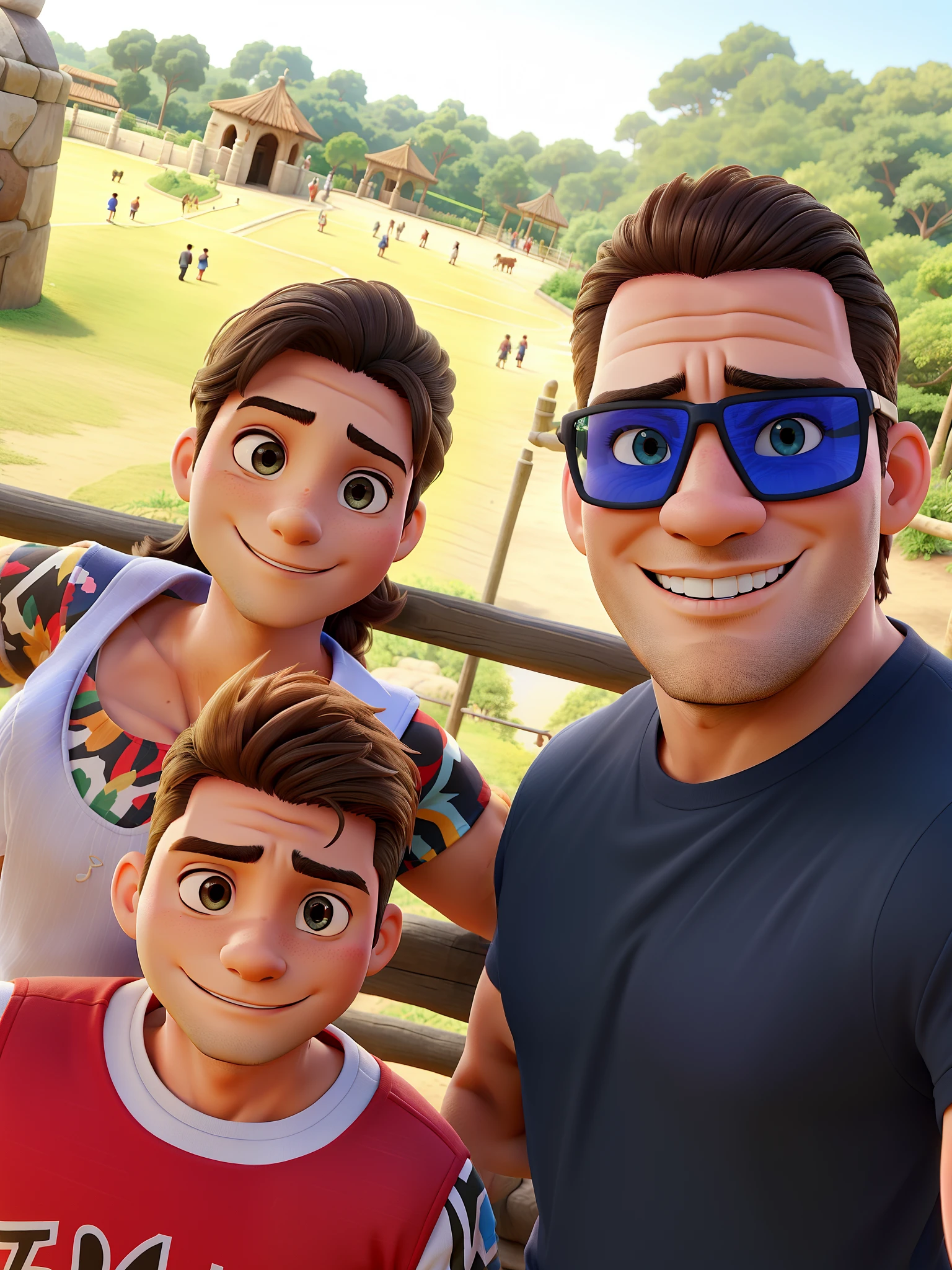 A handsome and strong man with his beautiful wife and their 9-year-old son in a zoo, todos felizes e iluminados pela luz do sol.