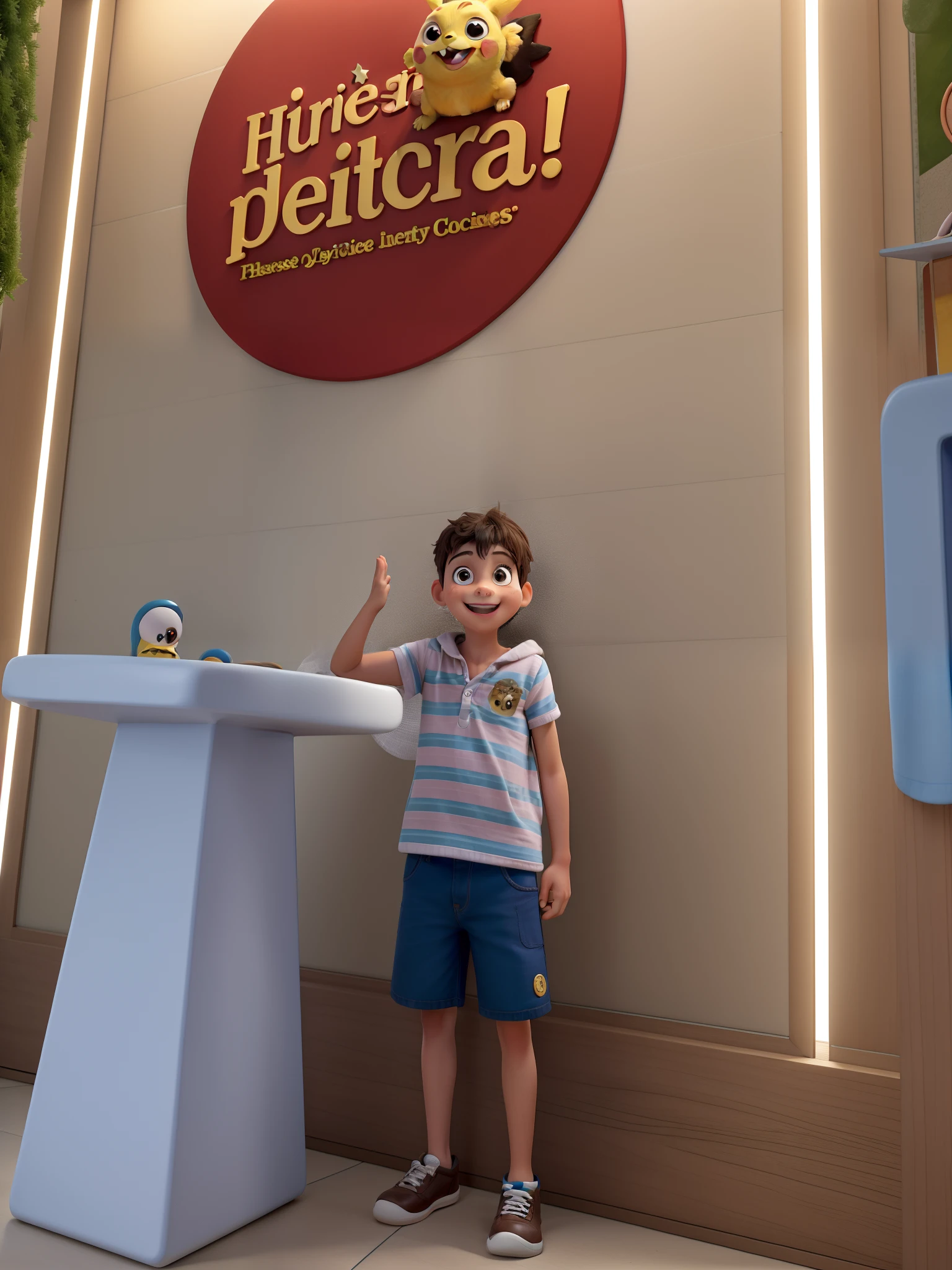 with a five-year-old, apresentando cabelos lisos, castanhos , as well as brown eyes. Com uma personalidade alegre e curiosa, It embodies the typical characteristics of a child in this age group, bringing with it the fun and adorable presence of Pikachu, from the Pokémon universe. Its background is vibrant and colorful, Referring to a welcoming and playful environment, that reflects the enchanting world of childhood.