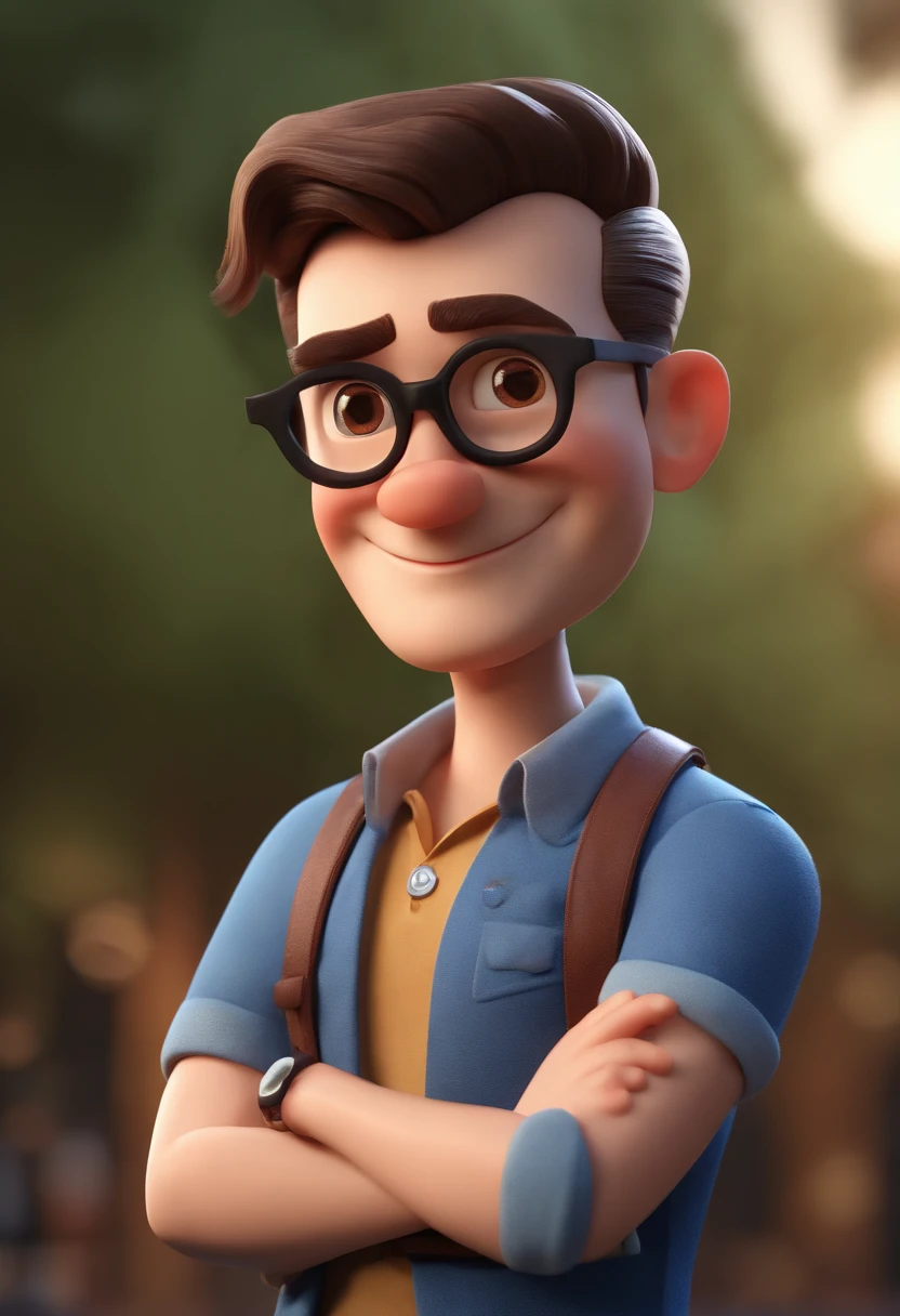 Cartoon character of a man wearing black glasses and a blue shirt, um personagem animado, Caractere estilizado, animation style rendering, 3D estilizado, Arnold Maya render, 3 d render stylized, toon render keyshot, Personagem 3D, Personagem 3D, 3d rendering stylized, 3 d character render, personagem de desenho animado, Personagem de close up, Pose de personagem, (Estilo Pixar) (master part:1.2) (Bokeh) (best quality) (pele detalhada) (textura detalhada) (8k) (argila) (Cinematic lighting) (foco nítido，Senta e vaza a parte superior do corpo