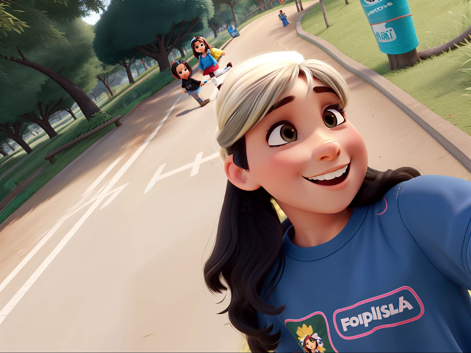 Uma menina bonita com cabelo cacheado com cabelo preto e franja branca, tom de pele um pouco escuro, olhos escuros, em um parque com muitas arvores coloridas, Feliz e sorridente
