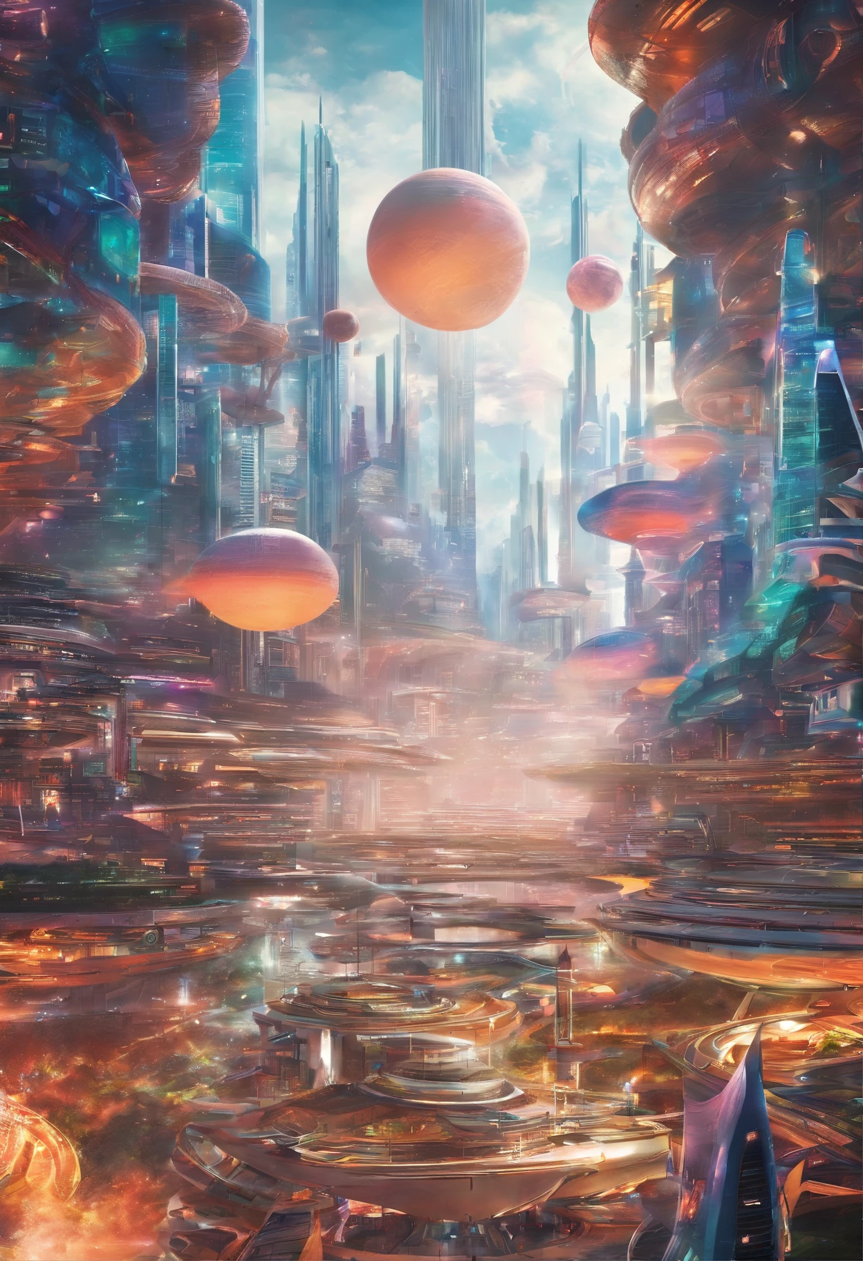 cyberpunked、Futuristic skyline with skyscrapers，超A high resolution，planet earth，ＳＦart by，Glass skyscrapers，Space City，epcot，A world far beyond the imagination of mankind，A building that far exceeds human imagination，Constructs，dream，​masterpiece，