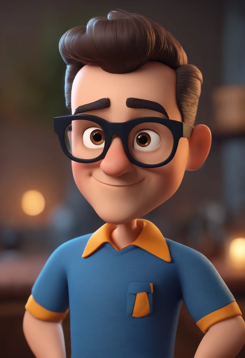 Cartoon character of a man with black glasses and a blue shirt, animation character, Caractere estilizado, animation style rendering, 3D estilizado, Arnold Maya render, 3 d render stylized, toon render keyshot, Personagem 3D, Personagem 3D, 3d rendering stylized, 3 d character render, personagem de desenho animado, Personagem de close up, Pose de personagem, (Estilo Pixar) (master part:1.2) (Bokeh) (best quality) (pele detalhada) (textura detalhada) (8k) (argila) (Cinematic lighting) (foco nítido