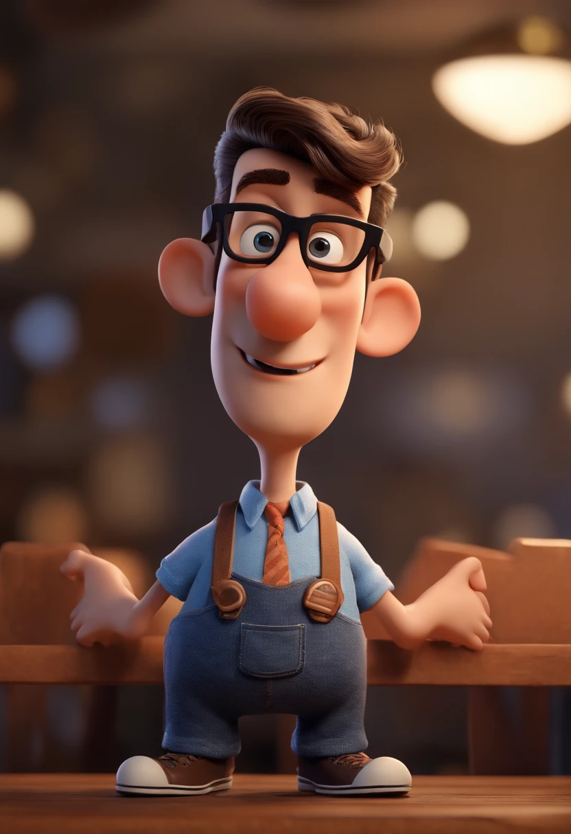 3D Pixar cartoon character of a man with black glasses and a blue dress shirt sticking out of his pants, Denim Jeans Pants, Black Sneakers, animation character, barba curta, nariz arrebitado pequeno, orelhas pequenas, calvo, rosto fino,  com imagem de fundo em uma sala de aula, Caractere estilizado, animation style rendering, 3D estilizado, Arnold Maya render, 3 d render stylized, toon render keyshot, Personagem 3D, Personagem 3D, 3d rendering stylized, 3 d character render, personagem de desenho animado, Personagem de close up, Pose de personagem,  (Estilo Pixar) (master part:1.2) (Bokeh) (best quality) (pele detalhada) (textura detalhada) (8k) (argila) (Cinematic lighting) (foco nítido