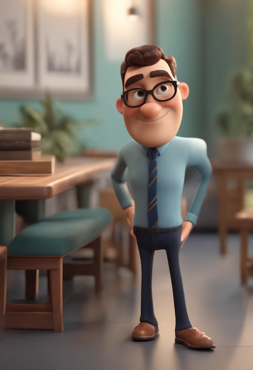 3D Pixar cartoon character of a man with black glasses and a blue dress shirt sticking out of his pants, Denim Jeans Pants, Black Sneakers, animation character, barba curta, nariz arrebitado pequeno, orelhas pequenas, calvo, rosto fino, com imagem de fundo em uma sala de aula, Caractere estilizado, animation style rendering, 3D estilizado, Arnold Maya render, 3 d render stylized, toon render keyshot, Personagem 3D, Personagem 3D, 3d rendering stylized, 3 d character render, personagem de desenho animado, Personagem de close up, Pose de personagem, (Estilo Pixar) (master part:1.2) (Bokeh) (best quality) (pele detalhada) (textura detalhada) (8k) (argila) (Cinematic lighting) (foco nítido