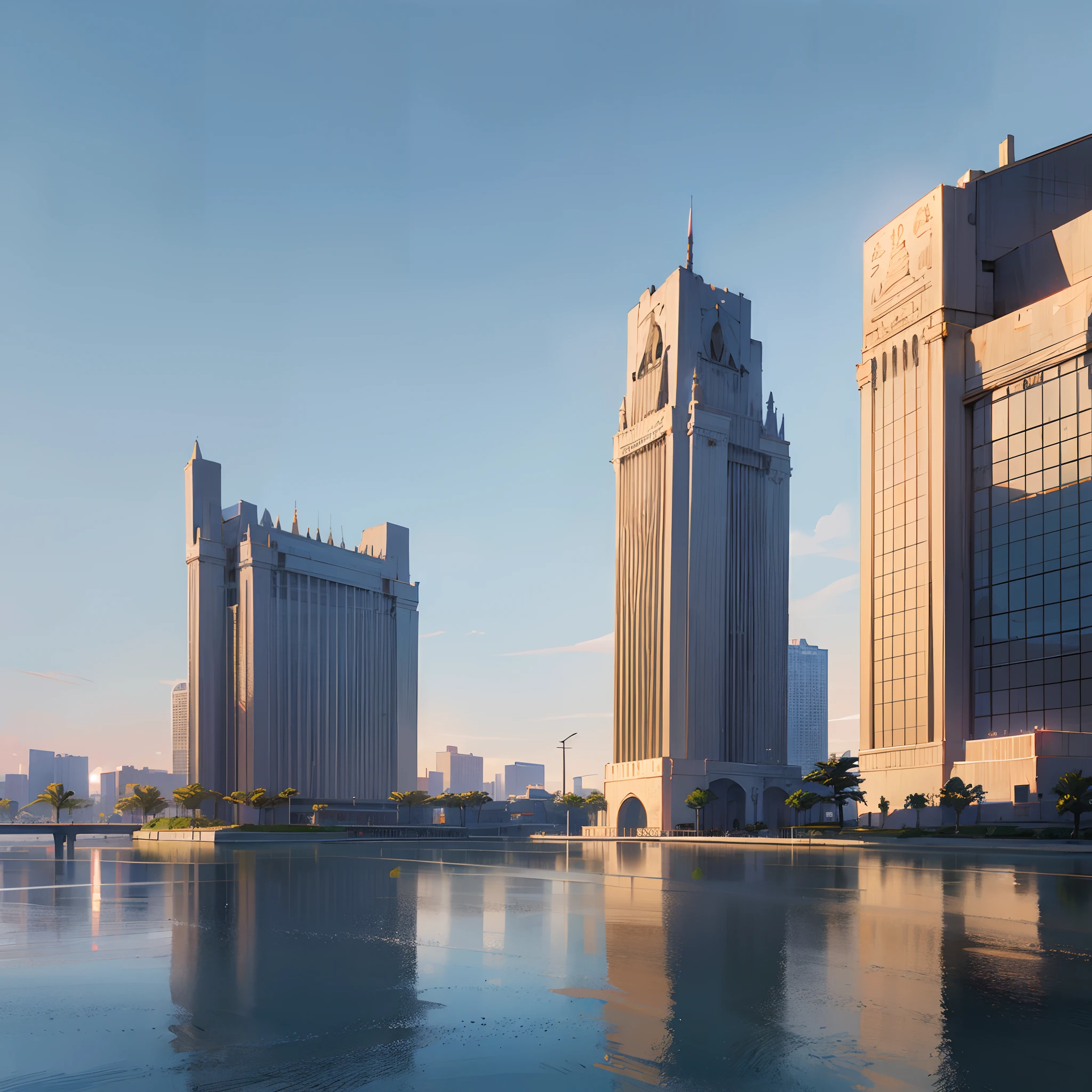 realistic, Civilization, modern Egyptian architecture, year 2023, two towers connected by a bridge in the middle, the Nile River and Egyptian prints, architectural display, steel facades covered with reflective glass, in the background a sunny day and a sky with clouds of shadows. --auto --s2