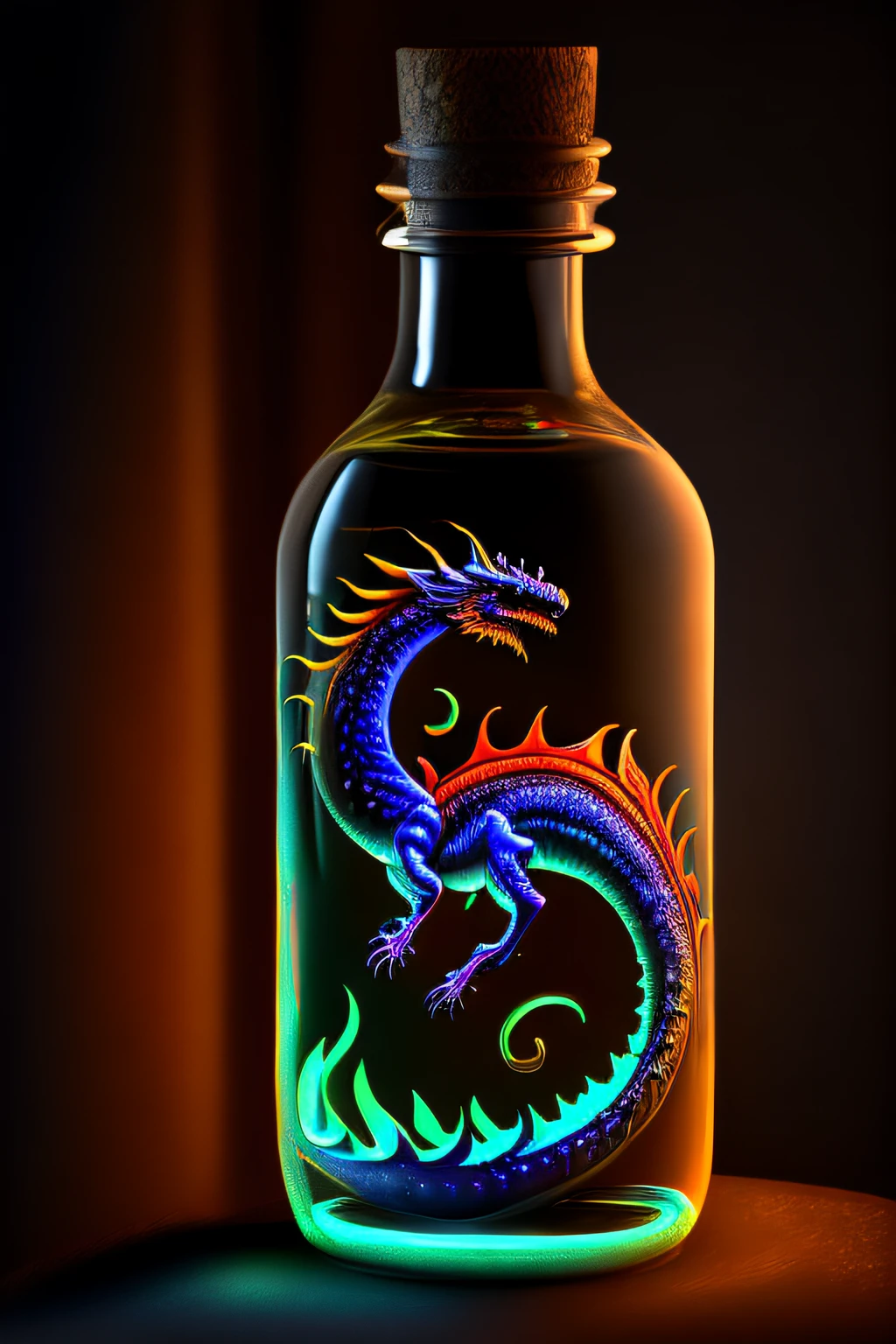 mysterious dragon, in a bottle, Black light painting, Arabesque background, HD