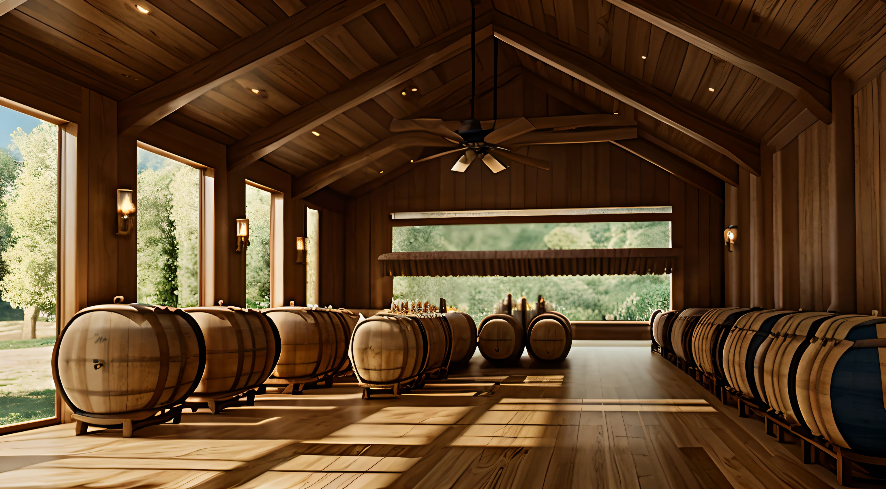 winery、Oak barrels、Interior scene of the winery、Large oak barrels、ambient occlusion render,The color is darker overall