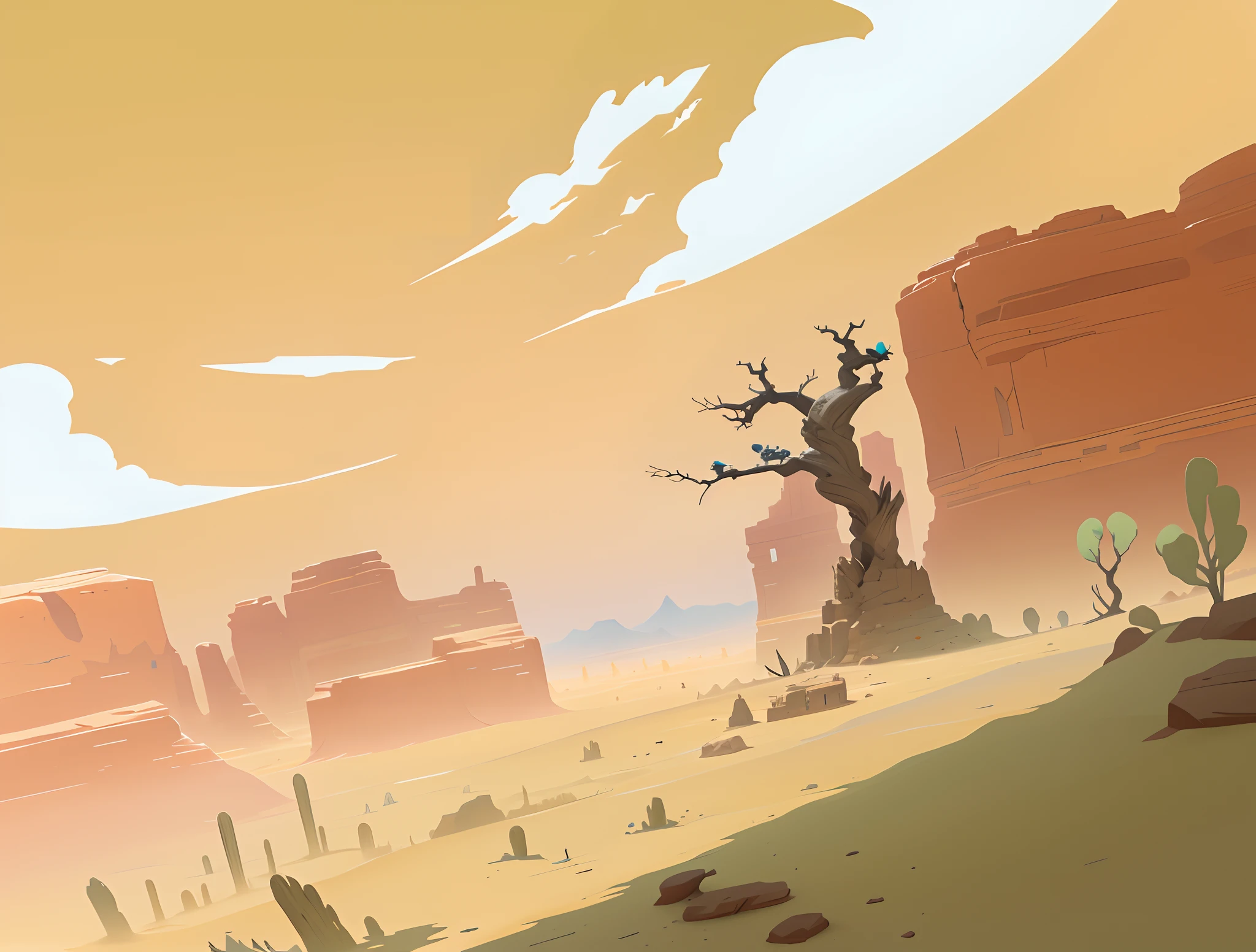 Desert cartoon scene with dead trees and birds,Bows and arrows are trapped in the care of animals,Crows fly in the sky, desert wasteland, arte de fundo, Desert environment, painted as a game concept art, background artwork, Stylized concept art, Stylized digital illustration, indie game concept art, Desolate. Digital illustration, concept-art, concept-art, finished concept art, Dusty environment, scenery game concept art