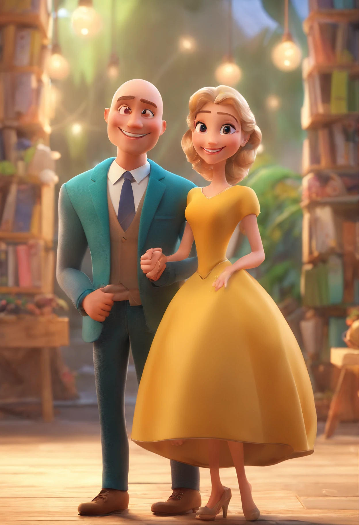 An illustration of an adorable couple, Spotlight on an athletic bald white man with green eyes and a white woman with beautiful expressive eyes - the man's skin is white and he is bald, the woman's hair is straight and brown. They are a bright room, cada um com um sorriso no rosto, e compartilhar um momento especial caracterizado pelo amor, Insights. Illustrate this scene from a perspective where they are facing the camera, Smiling and Showing Your Connection. Desenvolva esta arte em Full HD, Focus on your cinematic touch, Estilo Disney Pixar Animations