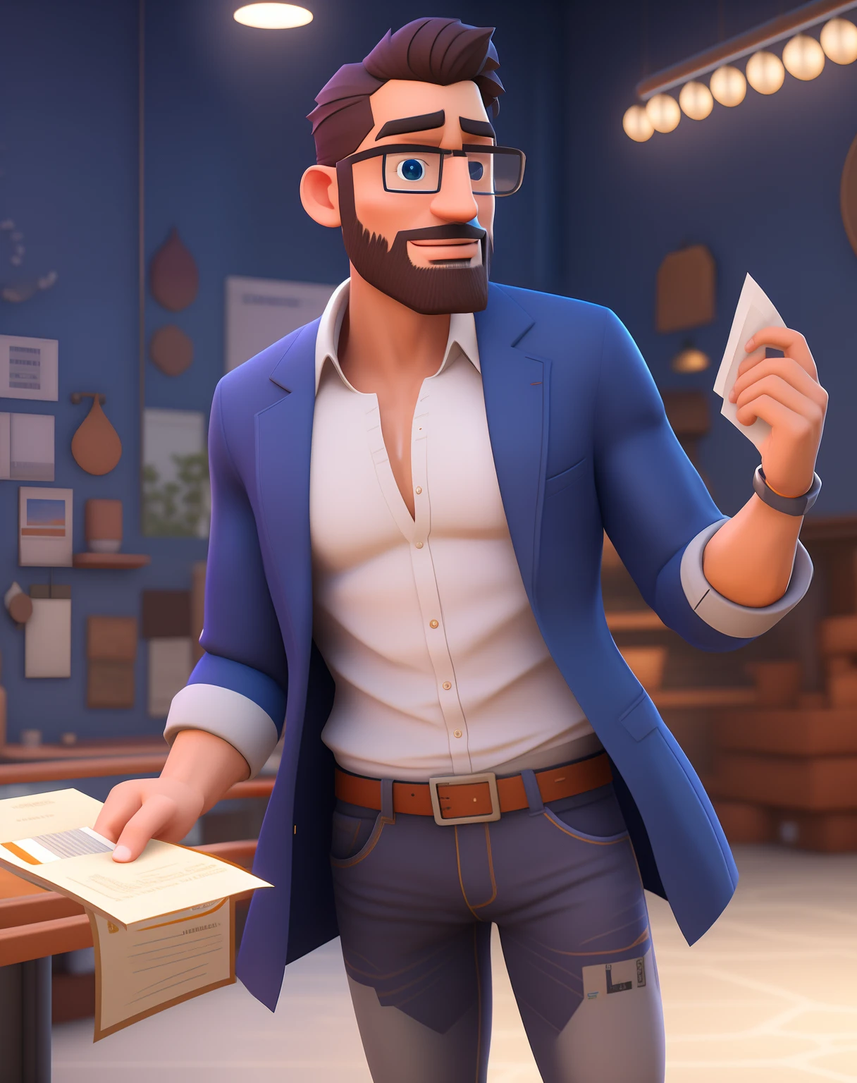 Man in blue jacket holding a piece of paper, semi-realistic rendering, 3 d render stylized, animation style rendering, 3d rendering stylized, stylized as a 3d rendering, promotional render, Artista CG, realista estilo 3d, super detailed rendering, toon render keyshot, animation character, estilo de arte fotorrealista, cena detalhada