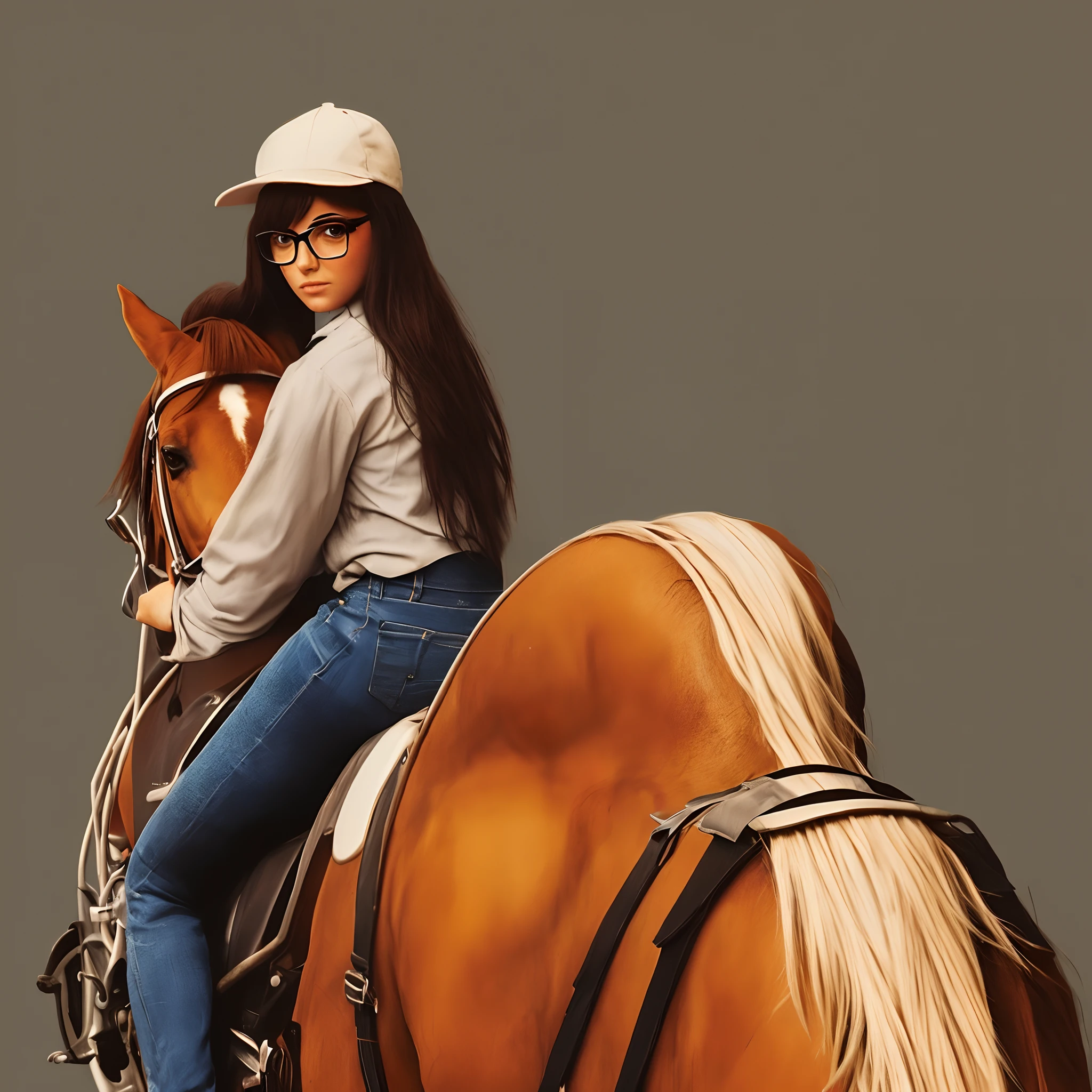 A dark-haired girl with glasses on the back of an orange horse with a white spot on her head