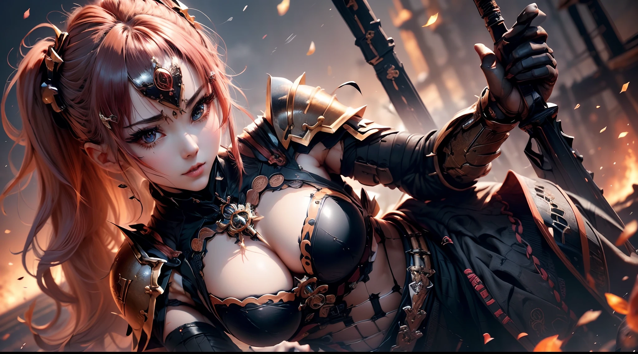 (( (tmasterpiece),(Very detailed CG Unity 8K wallpaper),best qualtiy,cinmatic lighting,细致背景,beatiful detailed eyes,Bright pupils,(Very fine and beautiful),(Beautiful and detailed eyes description),ultra - detailed,tmasterpiece,hight resolution)), Curly, Richly decorated armor, a beautiful woman warrior, (◯◯Hair-:1.3), cleavage of the breast