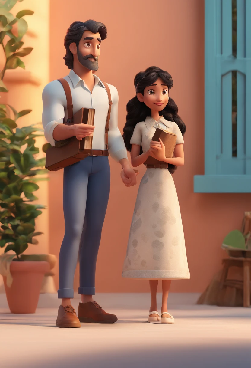 Um casal com um homem mais alto, moreno, olho claro, Black-haired woman holding a bible in her hand and a curly black-haired girl a little shorter, de vestido bege pele branca, estilo pixar animations