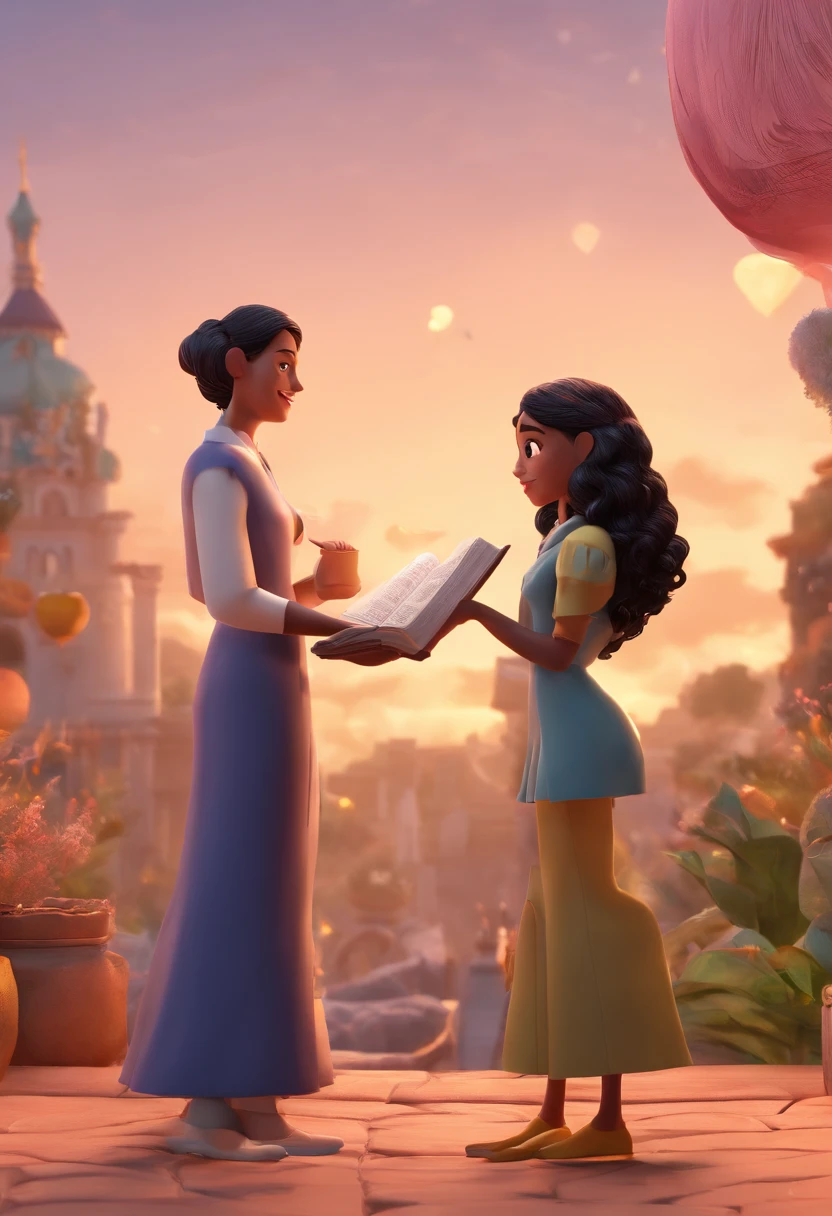 Um casal com um homem mais alto, moreno, olho claro, Black-haired woman holding a bible in her hand and a curly black-haired girl a little shorter, de vestido bege pele branca, estilo pixar animations