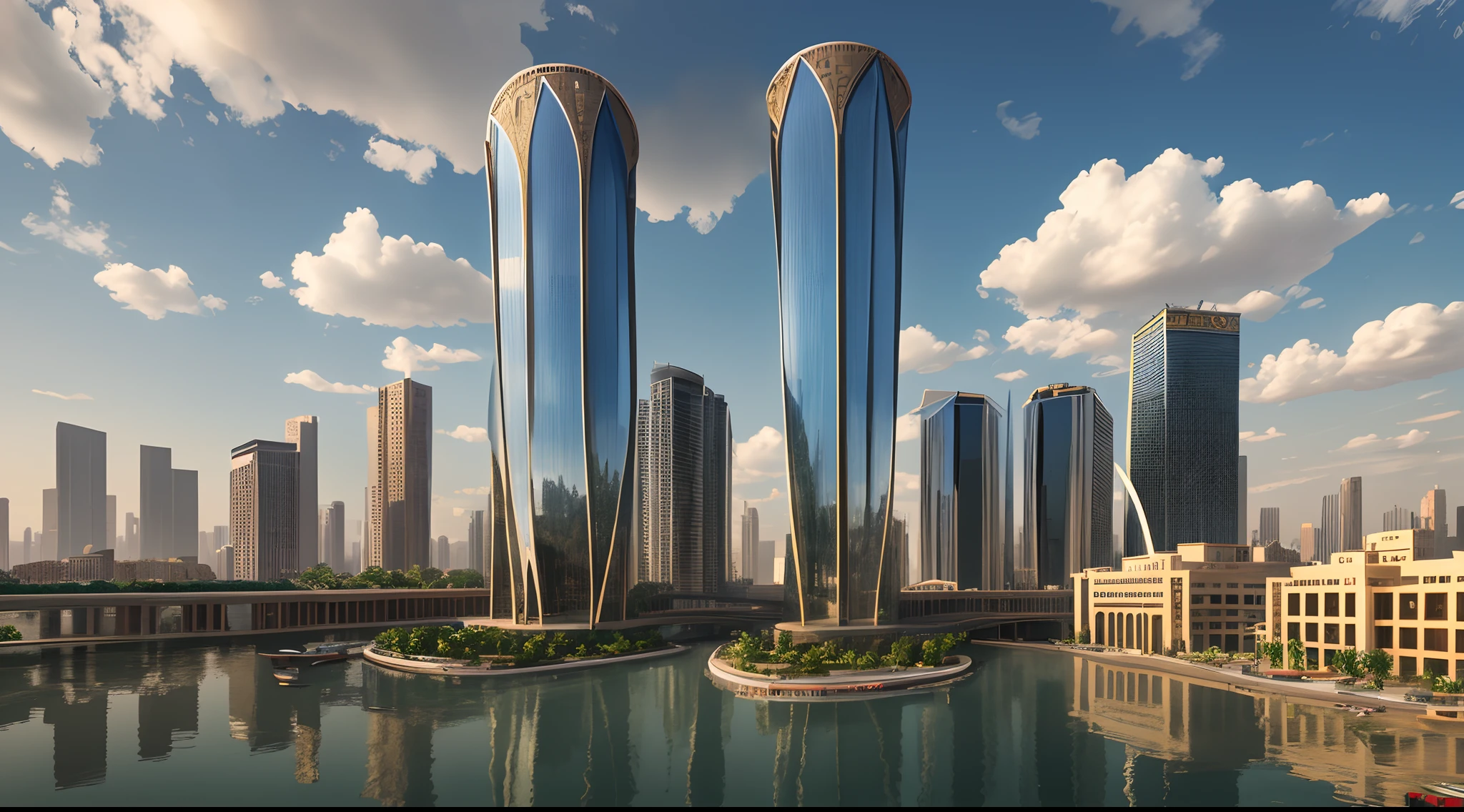 realistic, civilization, modern Egyptian architecture, year 2023, two residential towers connected via a bridge in the middle, the Nile River and Egyptian prints, architectural display, steel facades covered with reflective glass, in the background a sunny day and a sky with clouds of shadows. --auto --s2