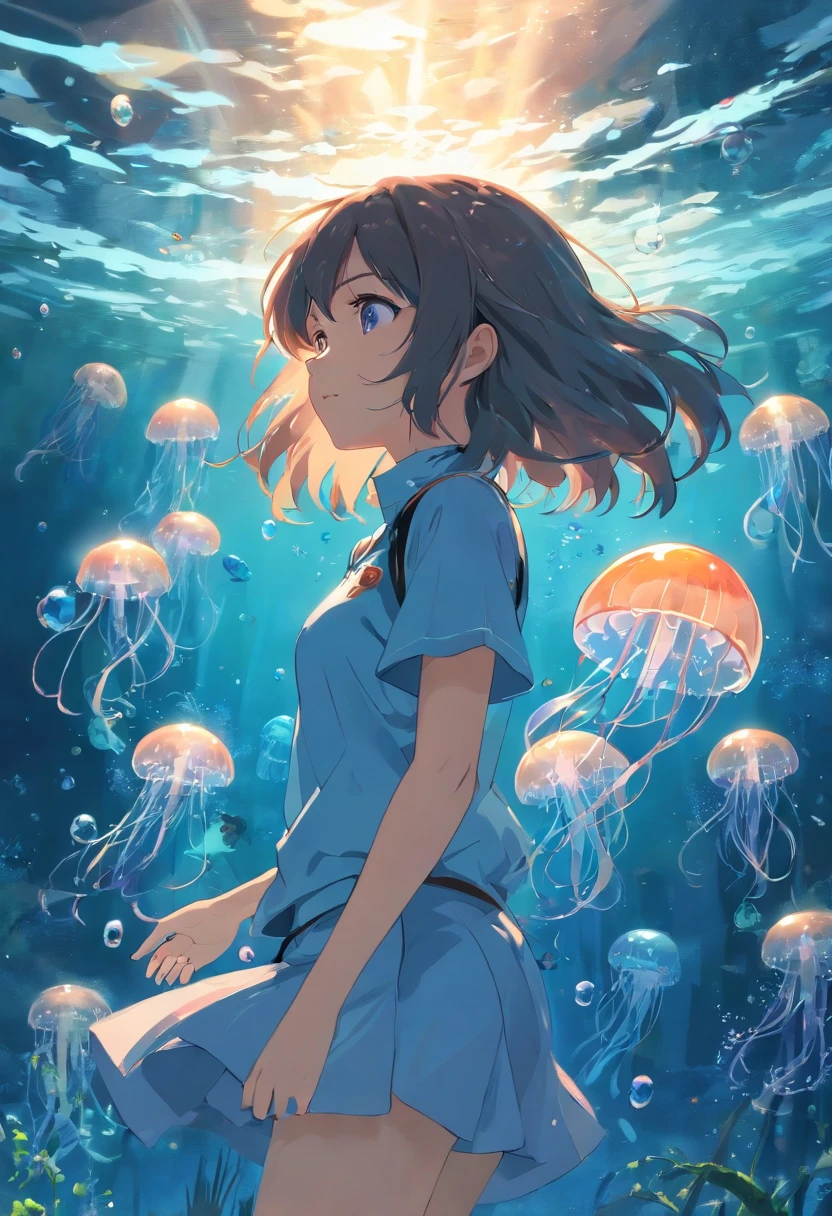 ((masterpiece,best quality)),(negative space:1.2),(1girl, solo:1.4),beautiful detailed eyes,floating hair, underwater, bubble, fish, (jellyfish), fluorescence,sea turtle, seaweed,