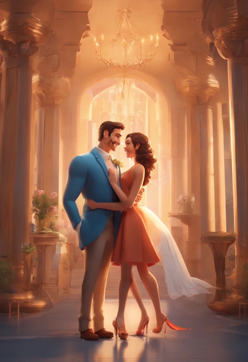 An illustration of an adorable couple, Spotlight on an athletic white man with brown eyes and a white woman with beautiful expressive eyes - the man's skin is white and he has curly hair, Woman's hair is curly, curro e castanho. They are a bright room, cada um com um sorriso no rosto, e compartilhar um momento especial caracterizado pelo amor, Insights. Illustrate this scene from a perspective where they are facing the camera, Smiling and Showing Your Connection. Desenvolva esta arte em Full HD, Focus on your cinematic touch, Estilo Disney Pixar Animations, Couple is in their wedding